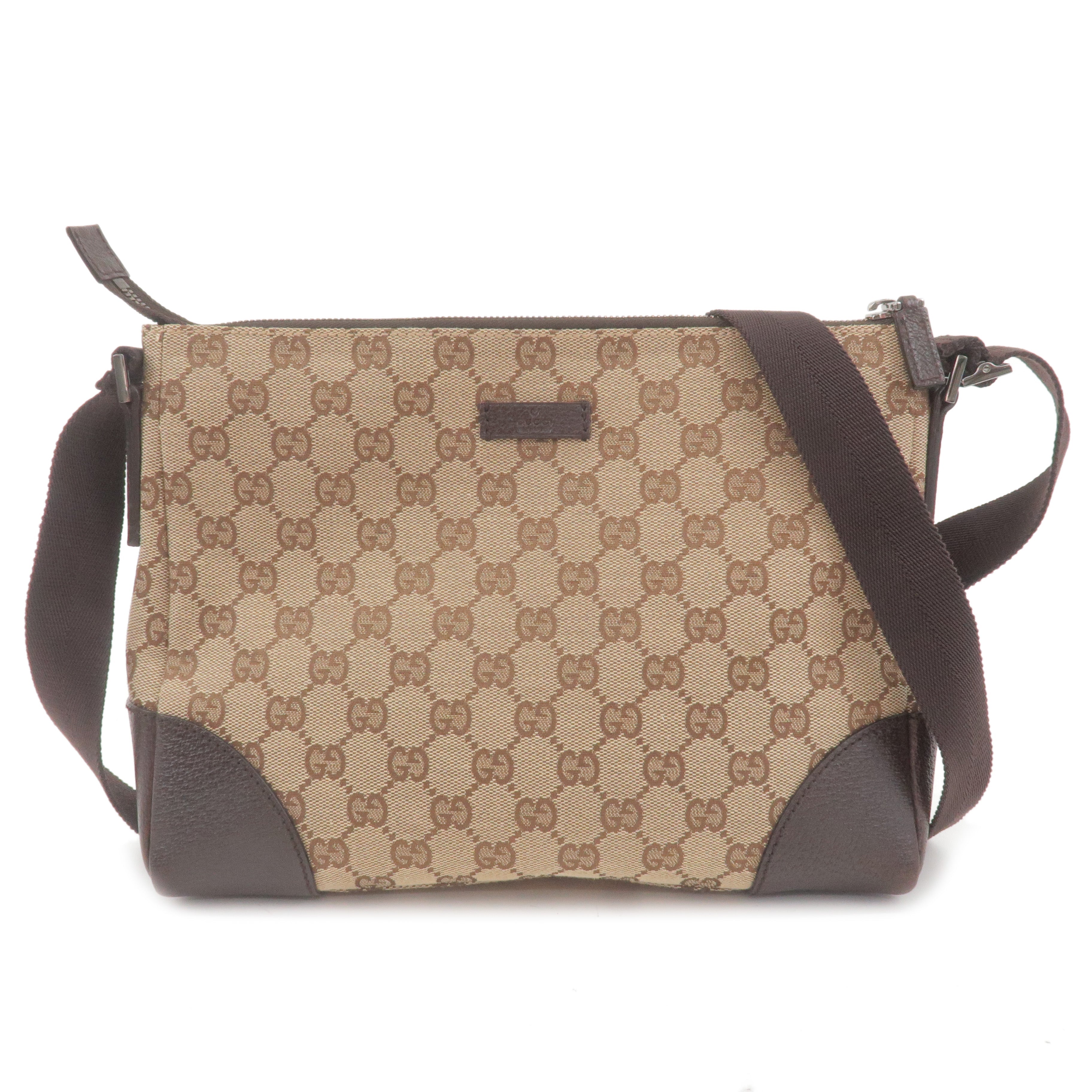 GUCCI GG Canvas Leather Shoulder Bag Beige Brown 114273