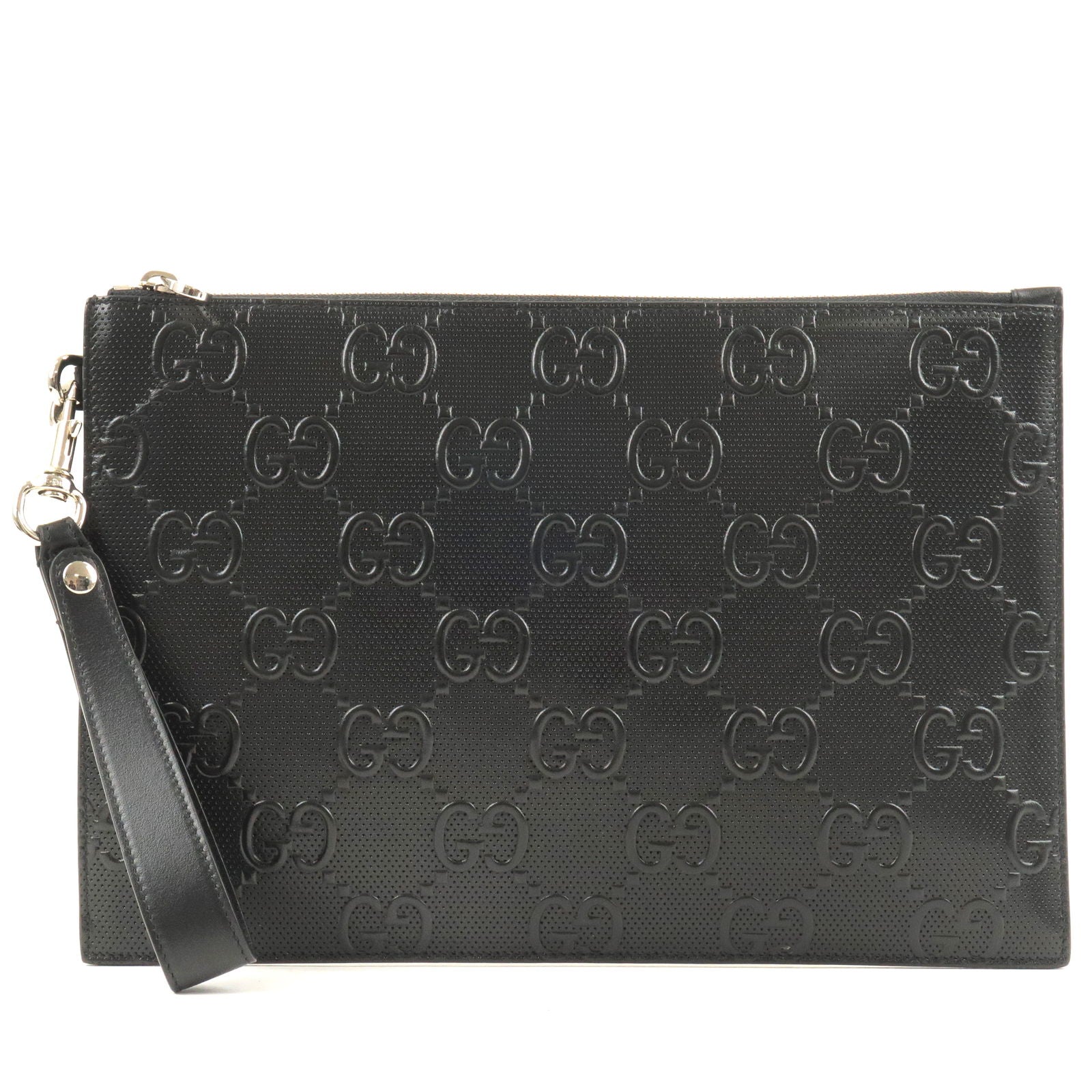 GUCCI GG Emboss Leather Clutch Bag Business Bag Black 625569