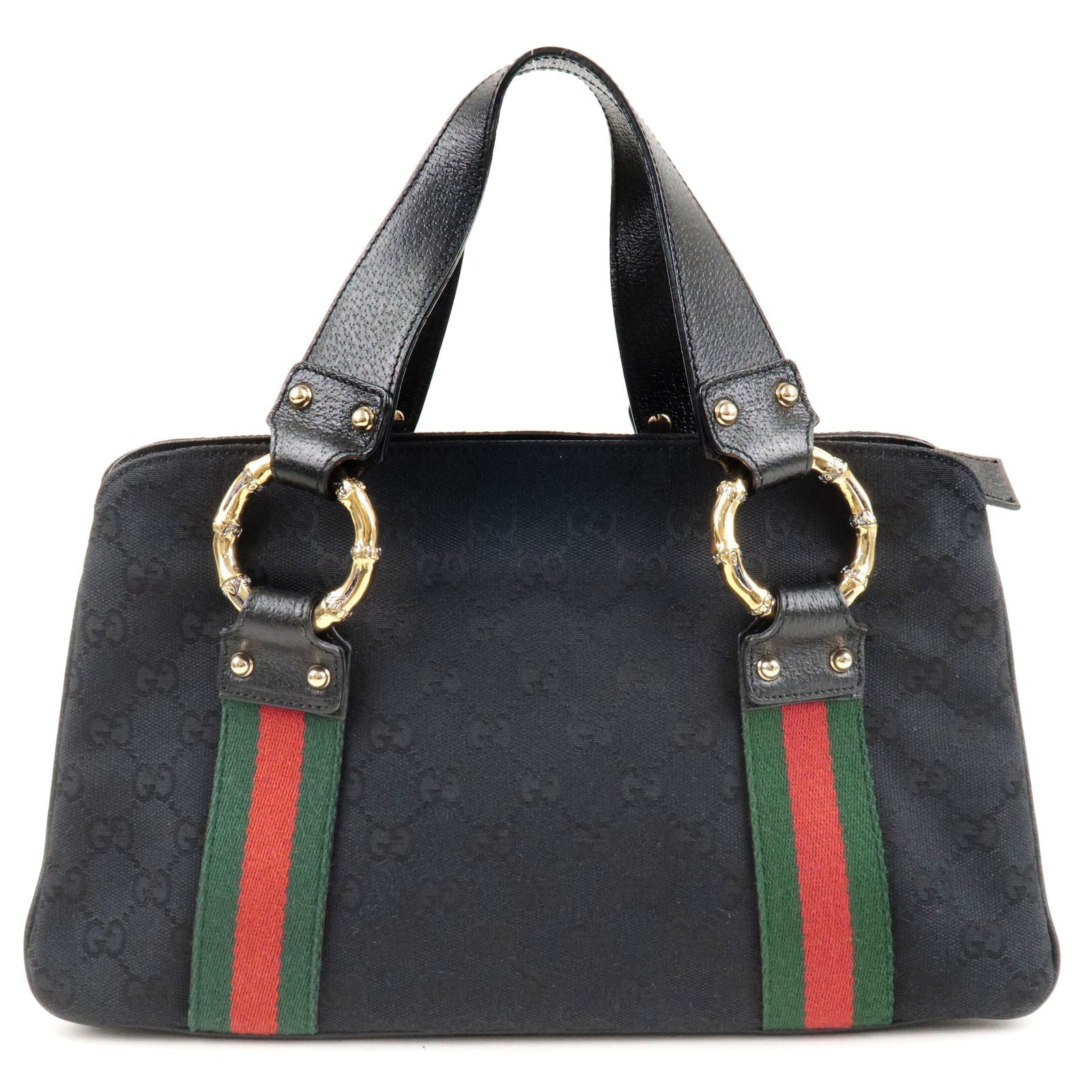 GUCCI Sherry Bamboo GG Canvas Leather Hand Bag Black 131324