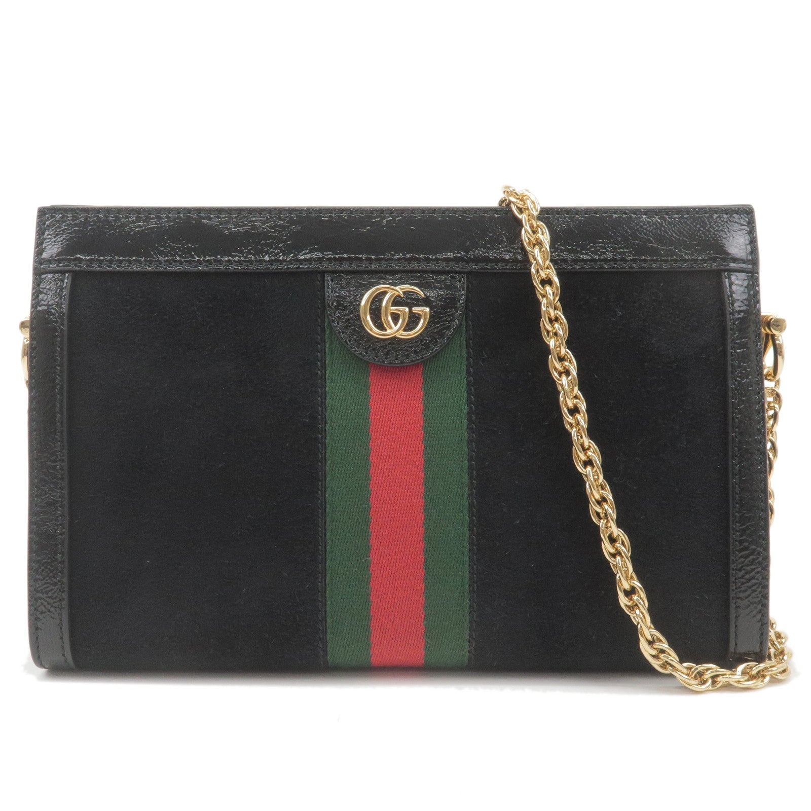 GUCCI Ophidia Suede Enamel Chain Shoulder Bag Black 503877