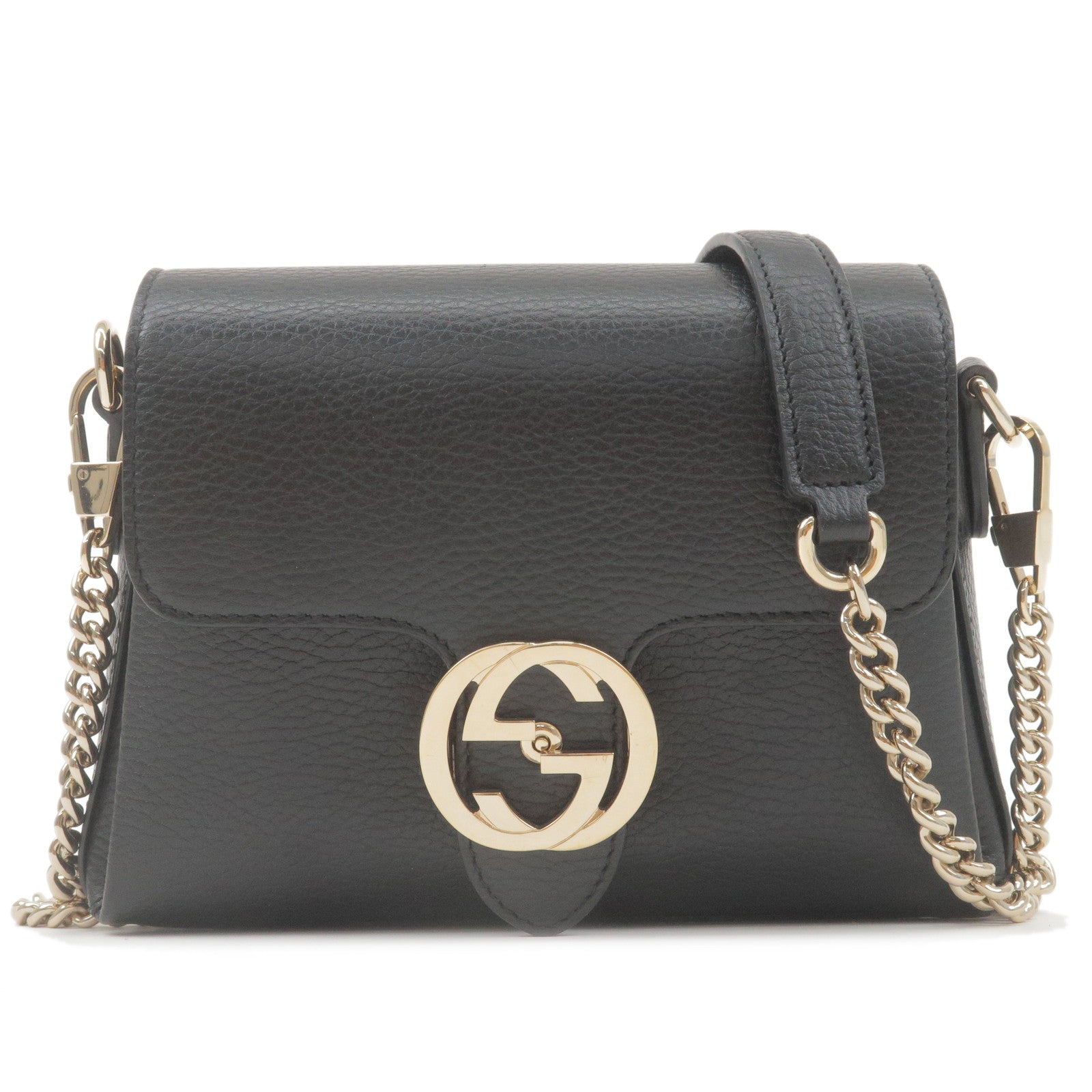 GUCCI Interlocking G Leather Chain Shoulder Bag Black 607720