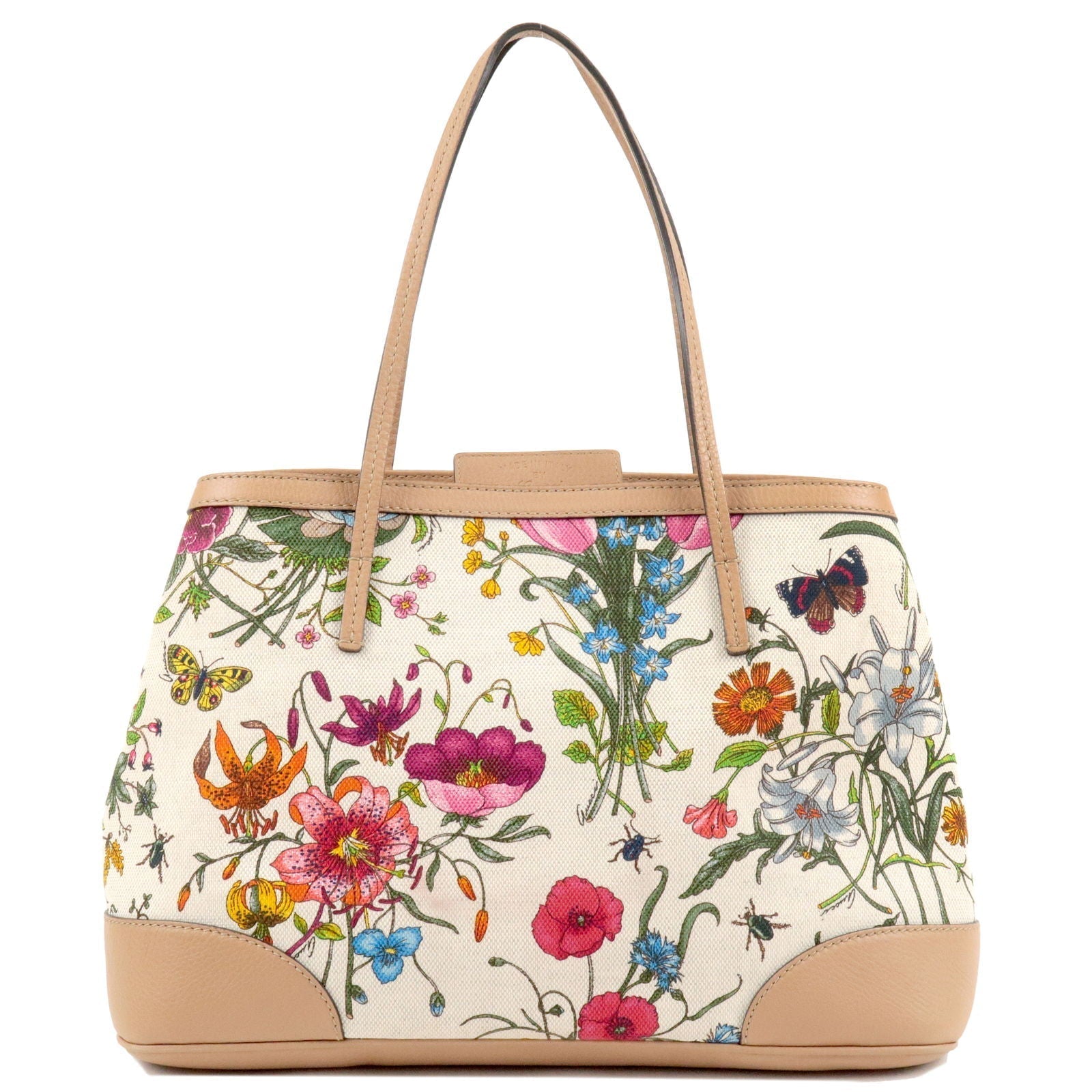 GUCCI Flora Canvas Leather Tote Bag Multi Color Beige 358470