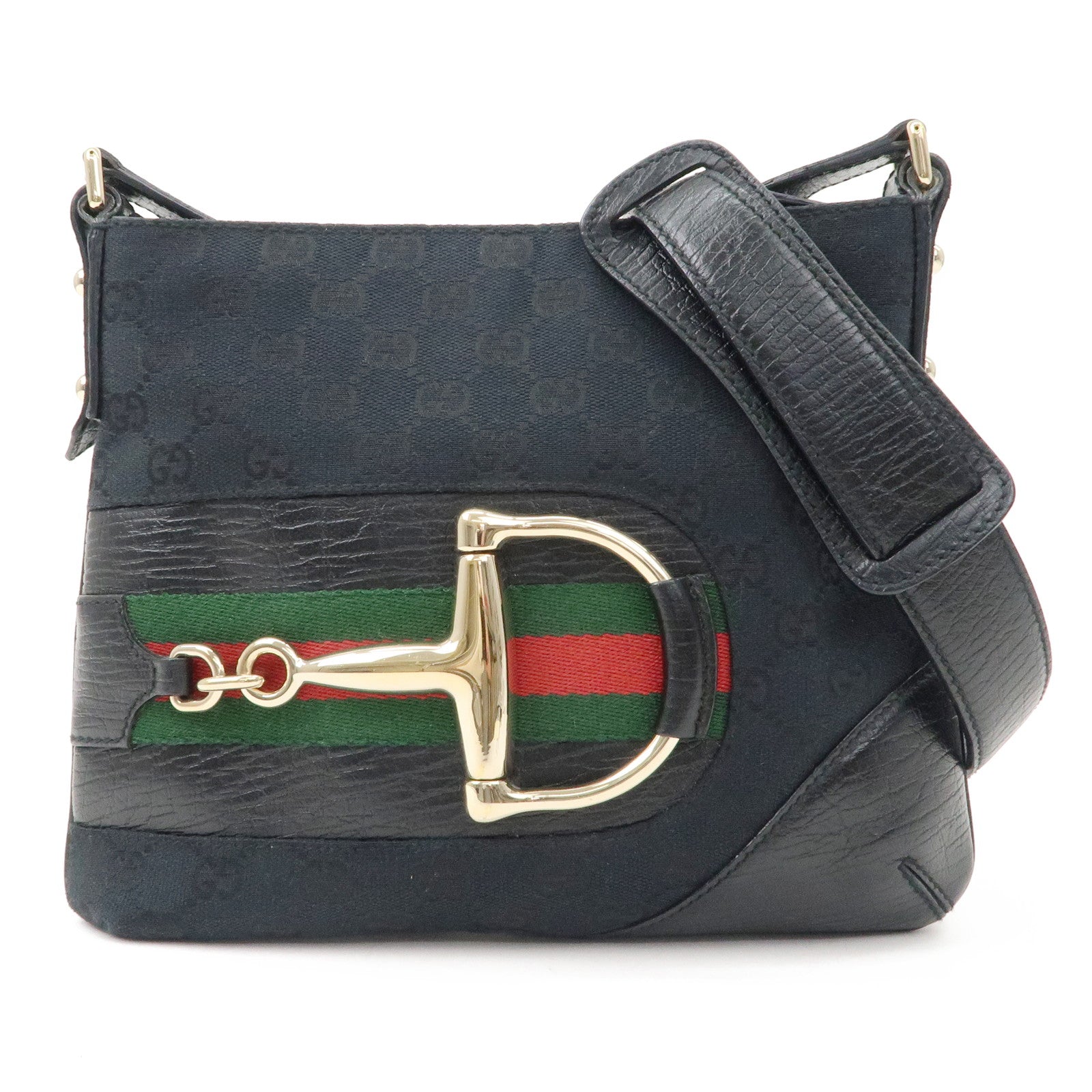 GUCCI Horsebit Sherry GG Canvas Leather Shoulder Bag Black 141506