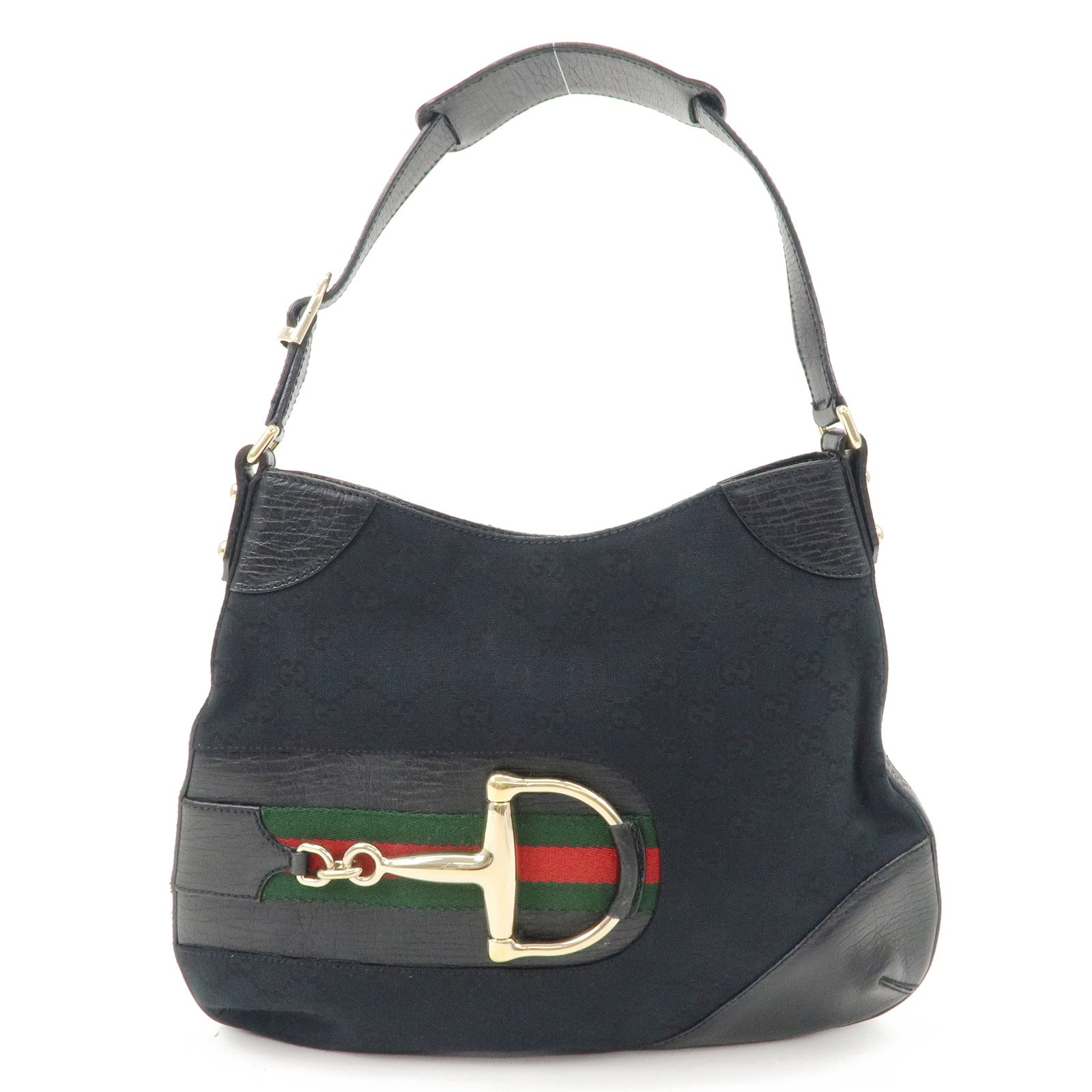 GUCCI Horsebit Sherry GG Canvas Leather Shoulder Bag Black 137388