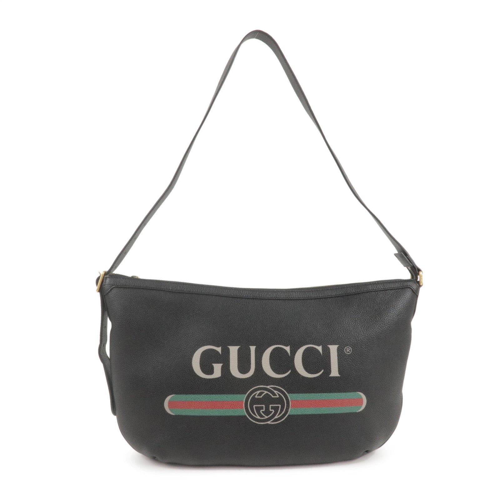 GUCCI Print Leather Half Moon Hobo Shoulder Bag Black 523588