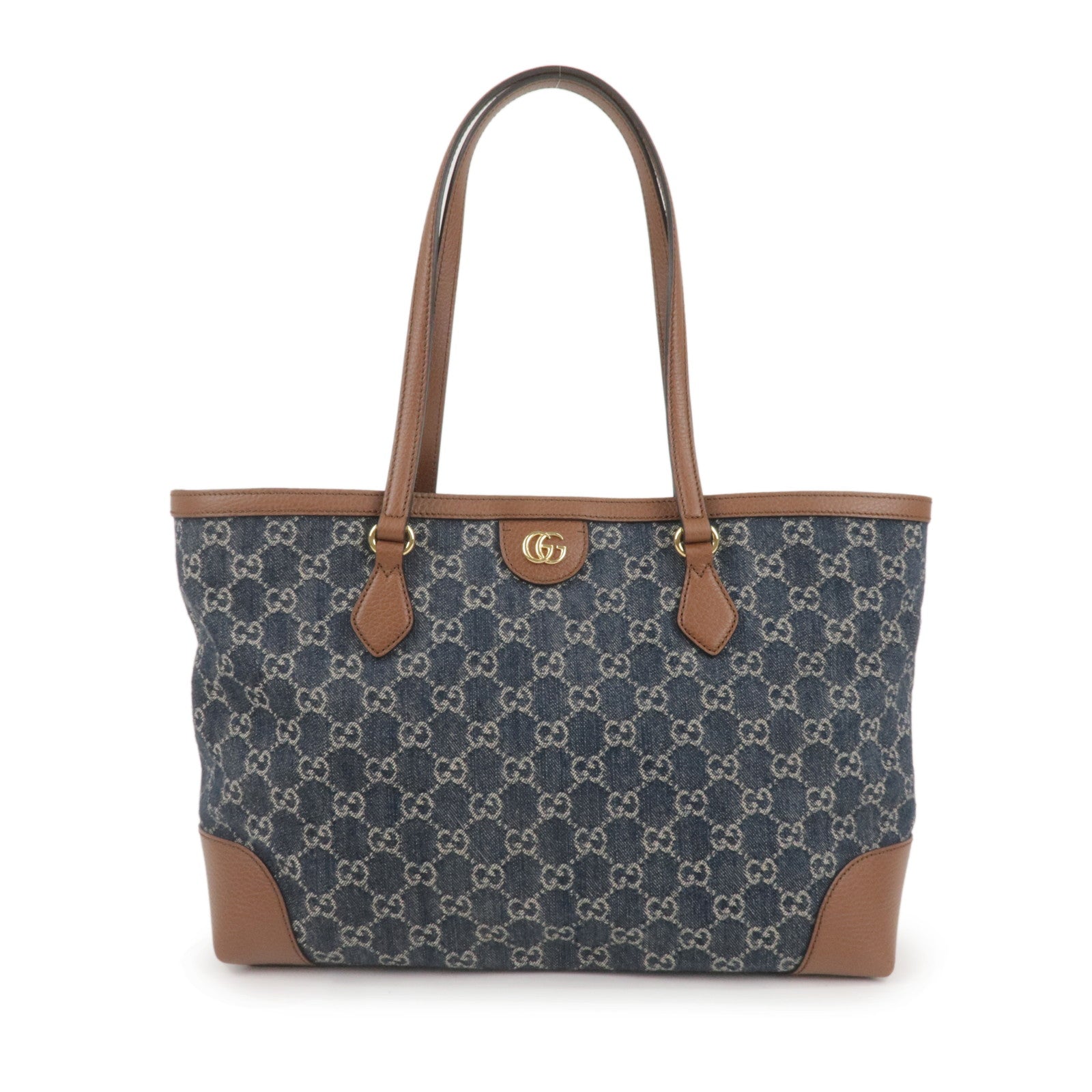 GUCCI GG Denim Leather Tote Bag Denim Blue Brown 631685