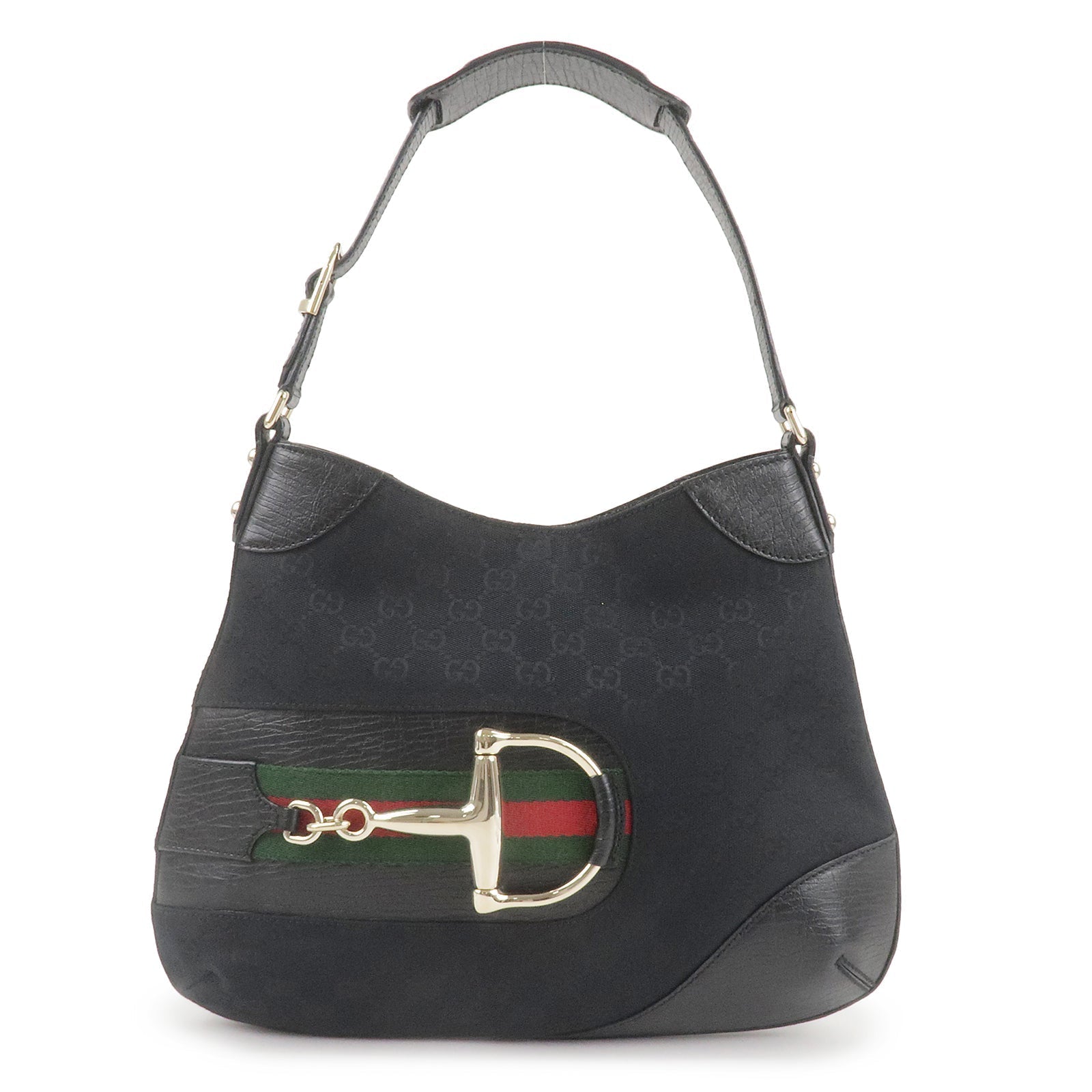 GUCCI Horsebit Sherry GG Canvas Leather Shoulder Bag Black 137388