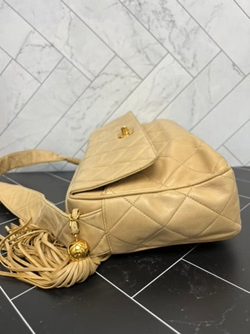 Chanel Beige Lambskin  Fringe Matelasse Crossbody