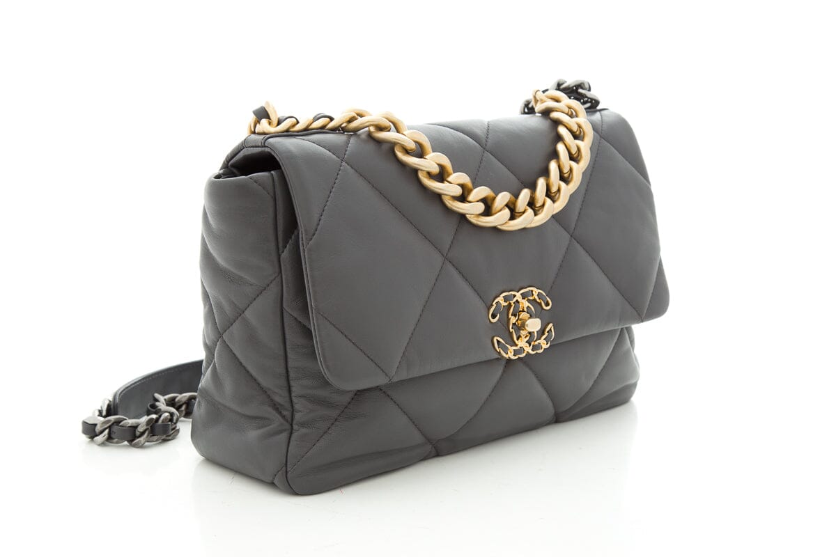 2020 Chanel 19 Grey Lambskin Quilted Flap Handbag