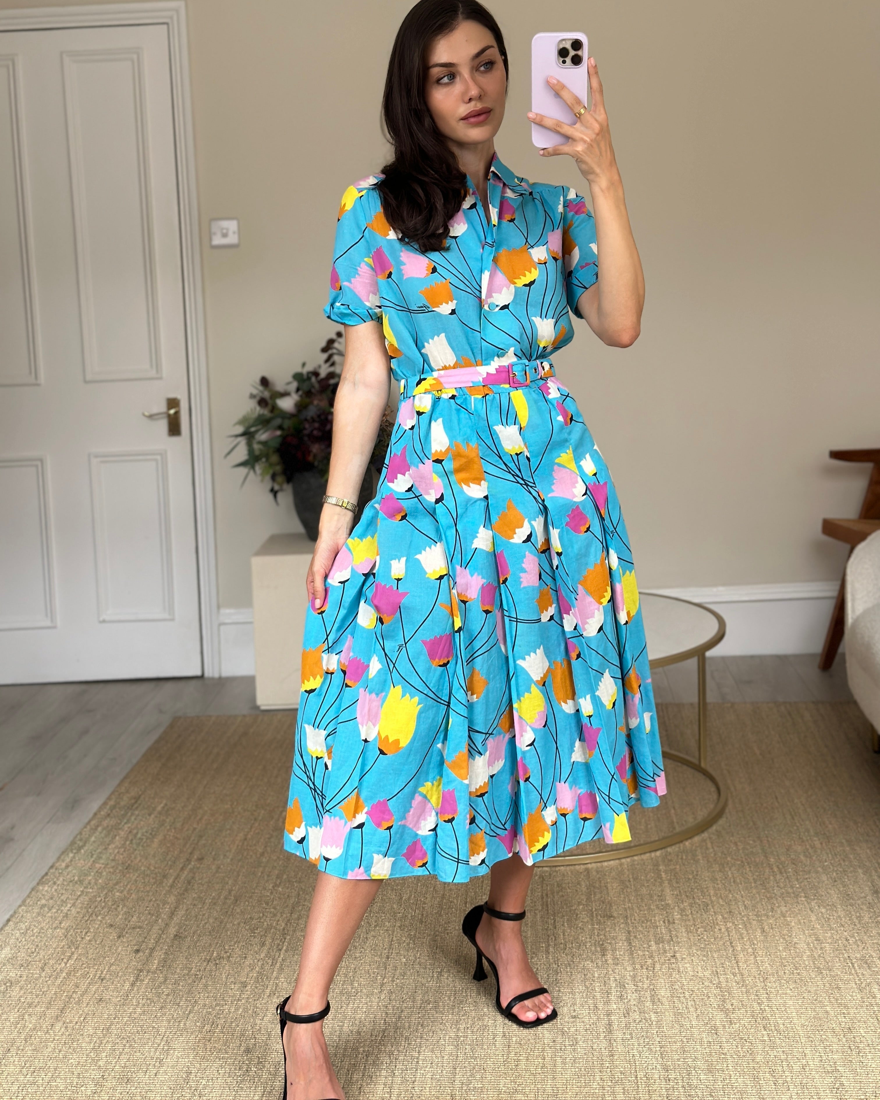 Gucci Blue Floral Linen Blend Belted Midi Dress Size IT 40 (UK 8)