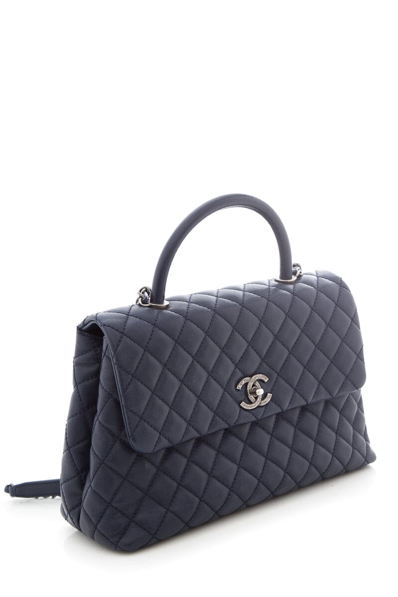 2016 Chanel Coco Top-Handle Navy Quilted Caviar Leather Handbag