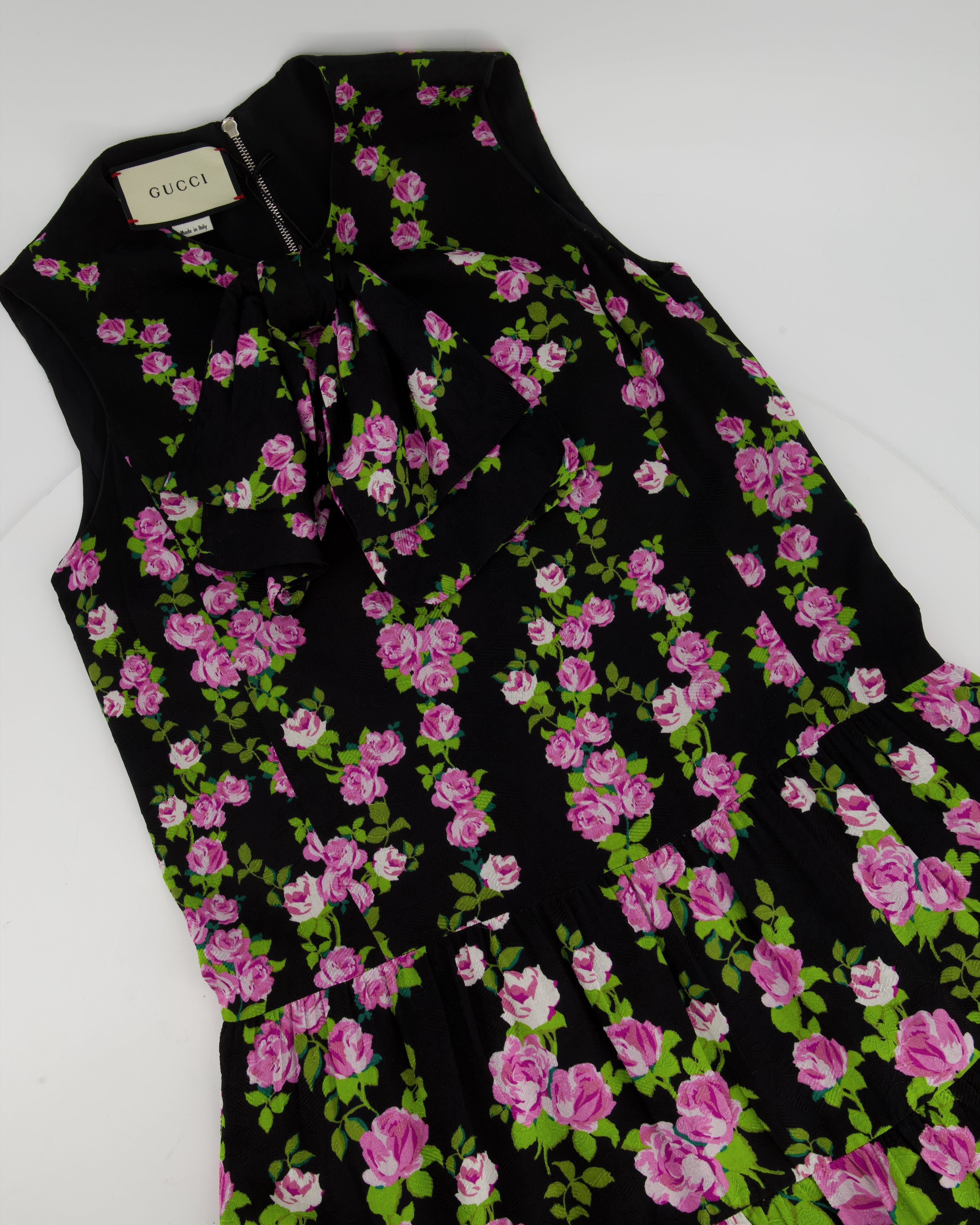 Gucci Black and Print Rose Printed Bow Dress Size IT 38 (UK 6)