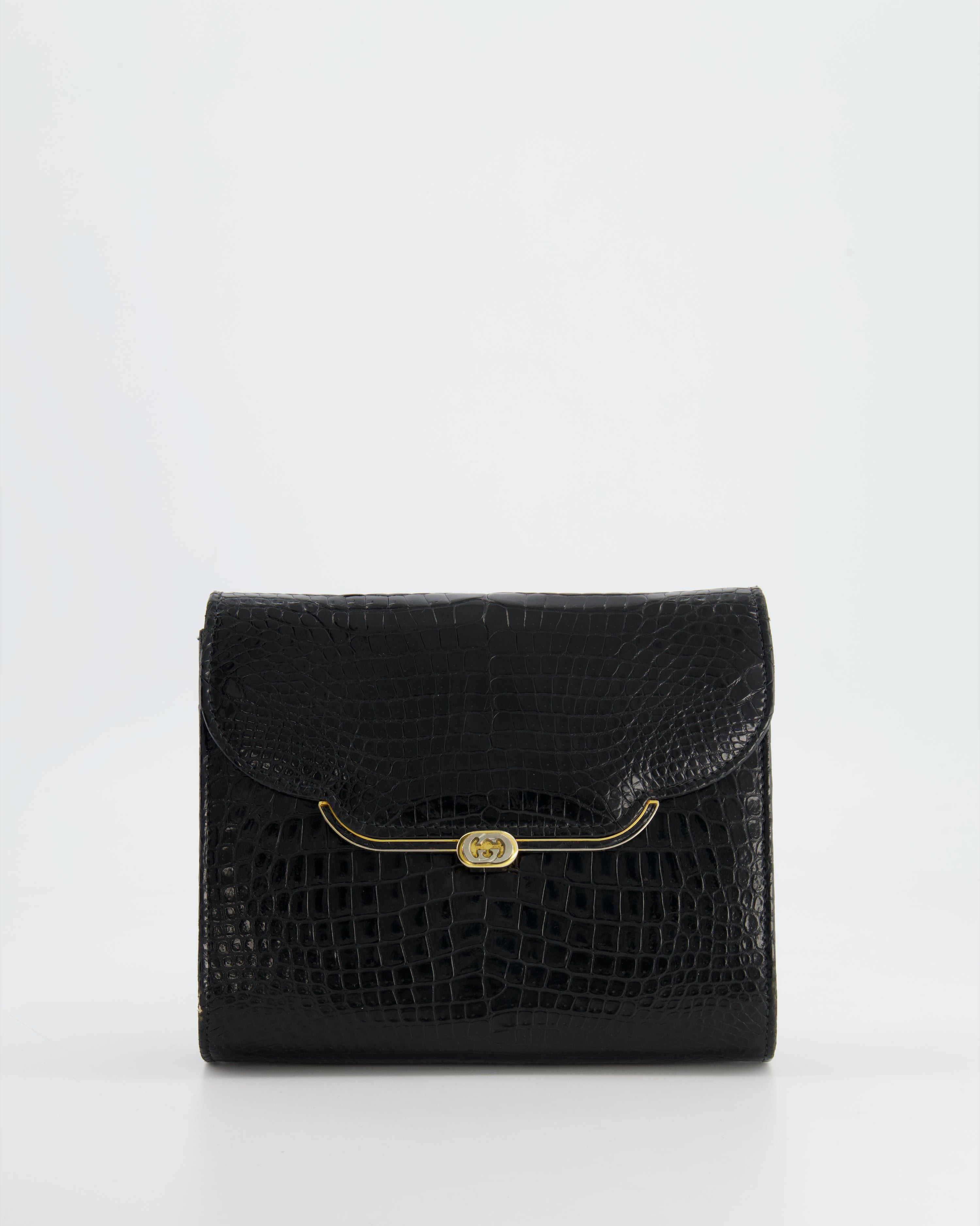 Gucci Vintage Black Crocodile Leather GG Clutch Bag