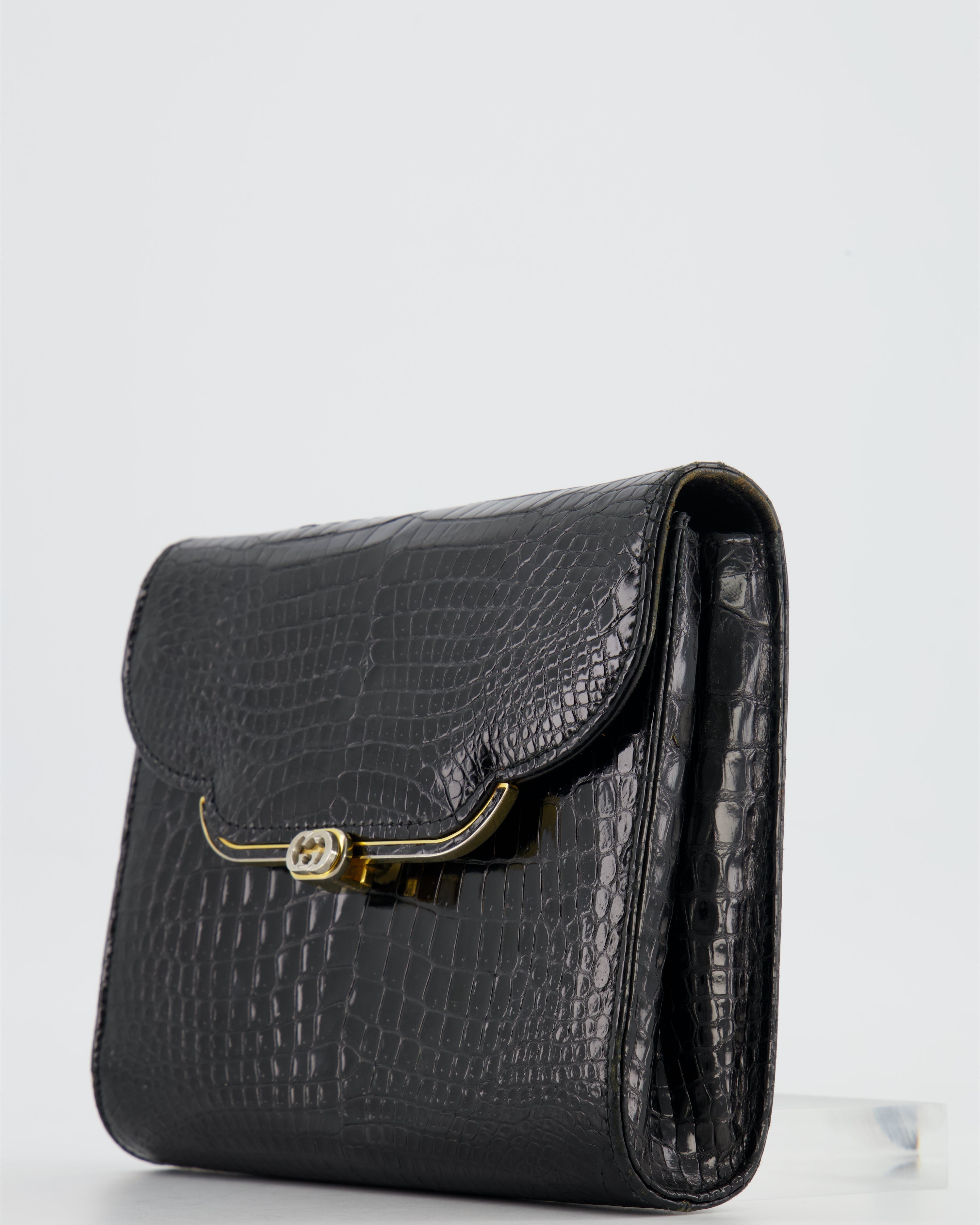 Gucci Vintage Black Crocodile Leather GG Clutch Bag