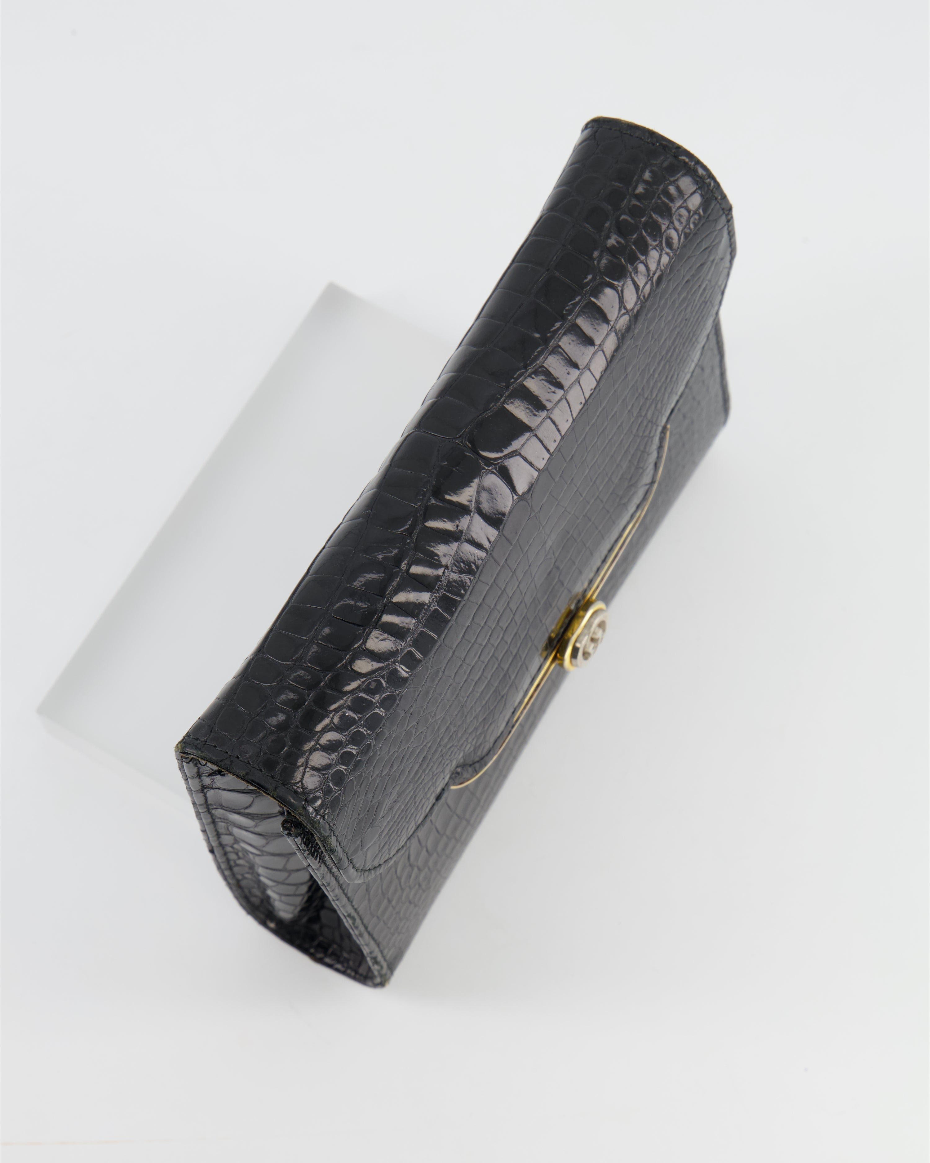 Gucci Vintage Black Crocodile Leather GG Clutch Bag