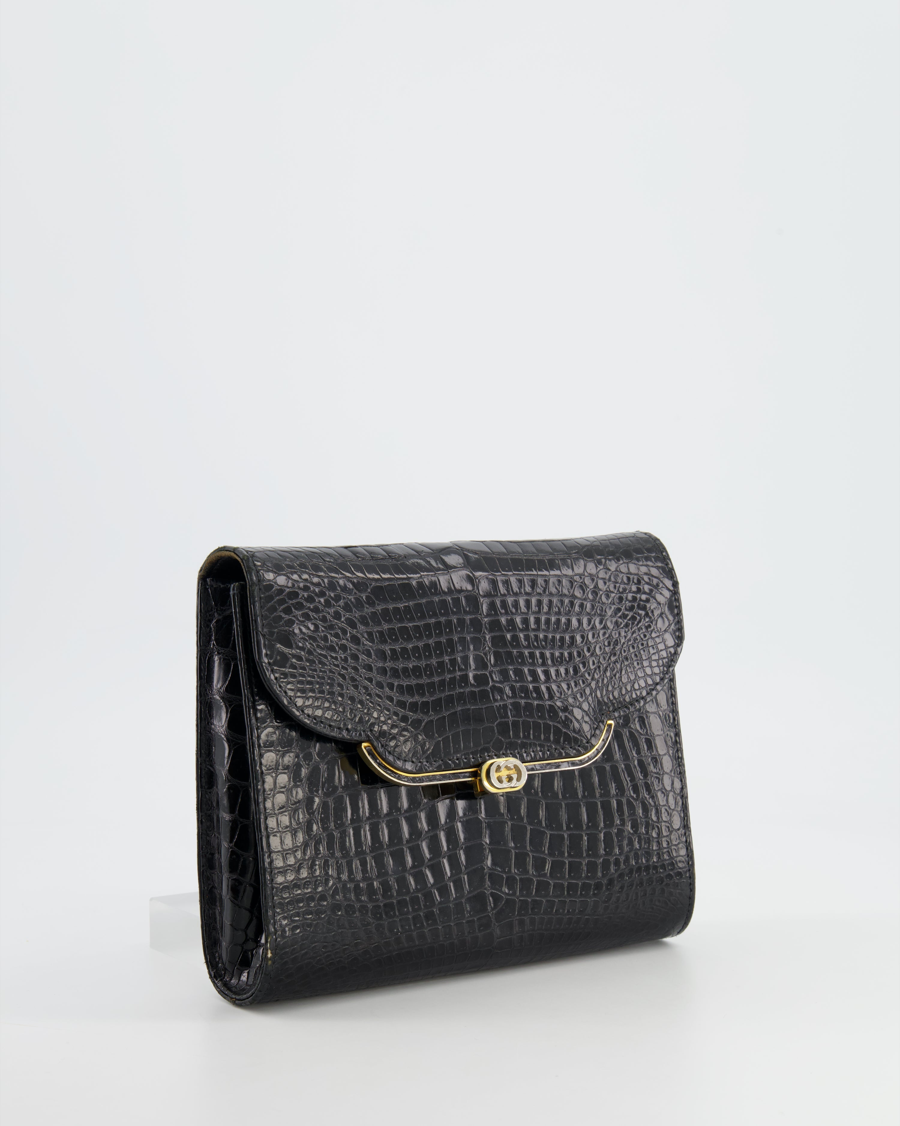 Gucci Vintage Black Crocodile Leather GG Clutch Bag