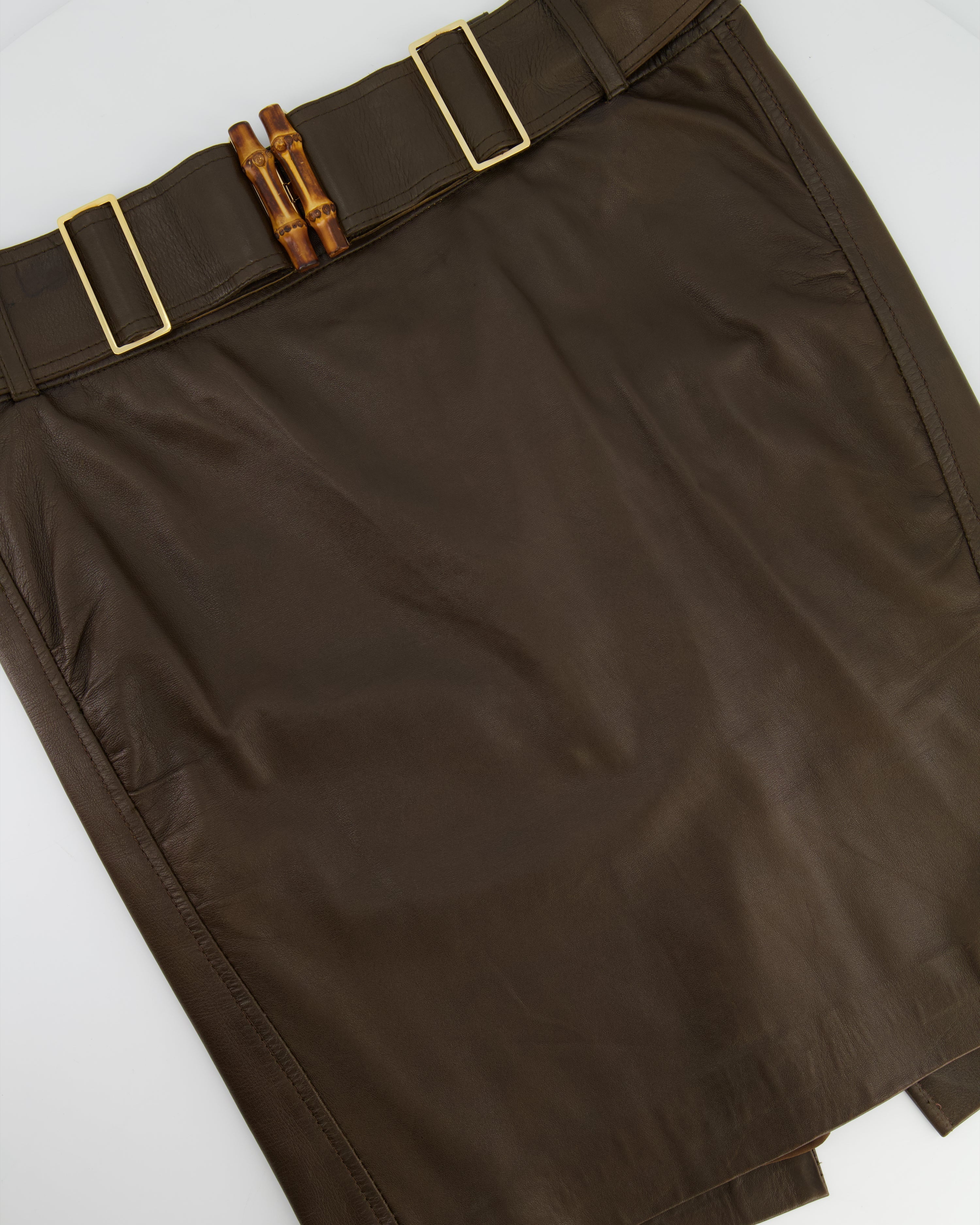 Gucci Brown Leather Skirt with Bamboo Belt Detail Size IT 44 (UK 12)