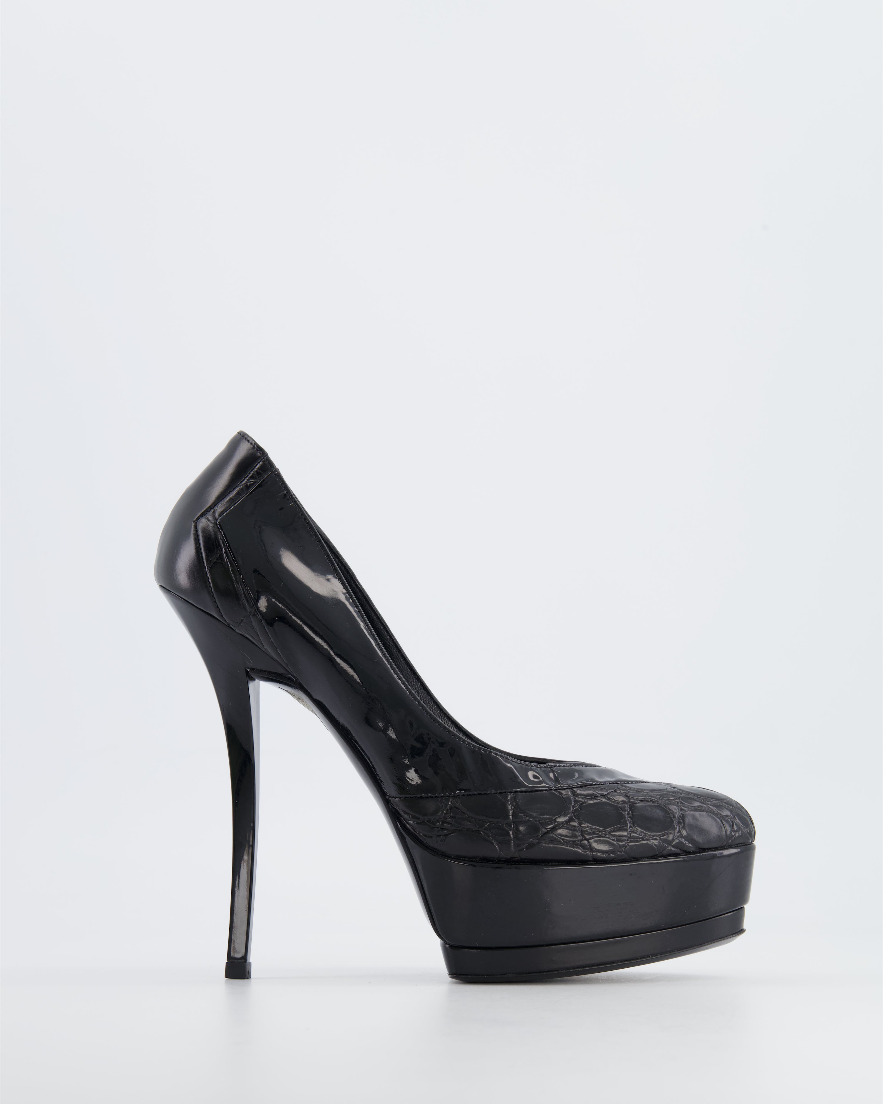 Gucci Black Patent Croc Embossed Platform Heels Size EU 36