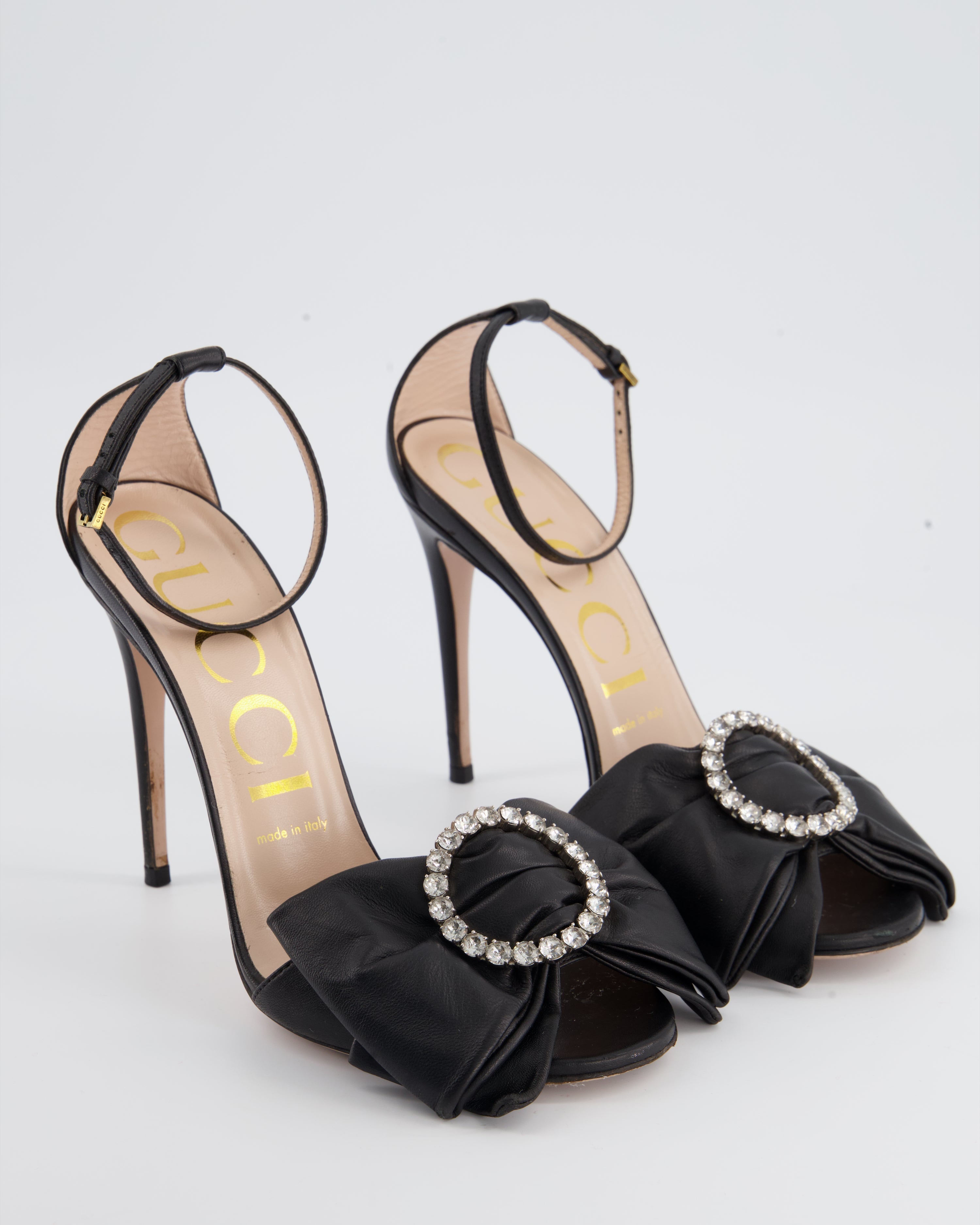 Gucci Black Leather Heels With Bow Crystal Detailing Size EU 38