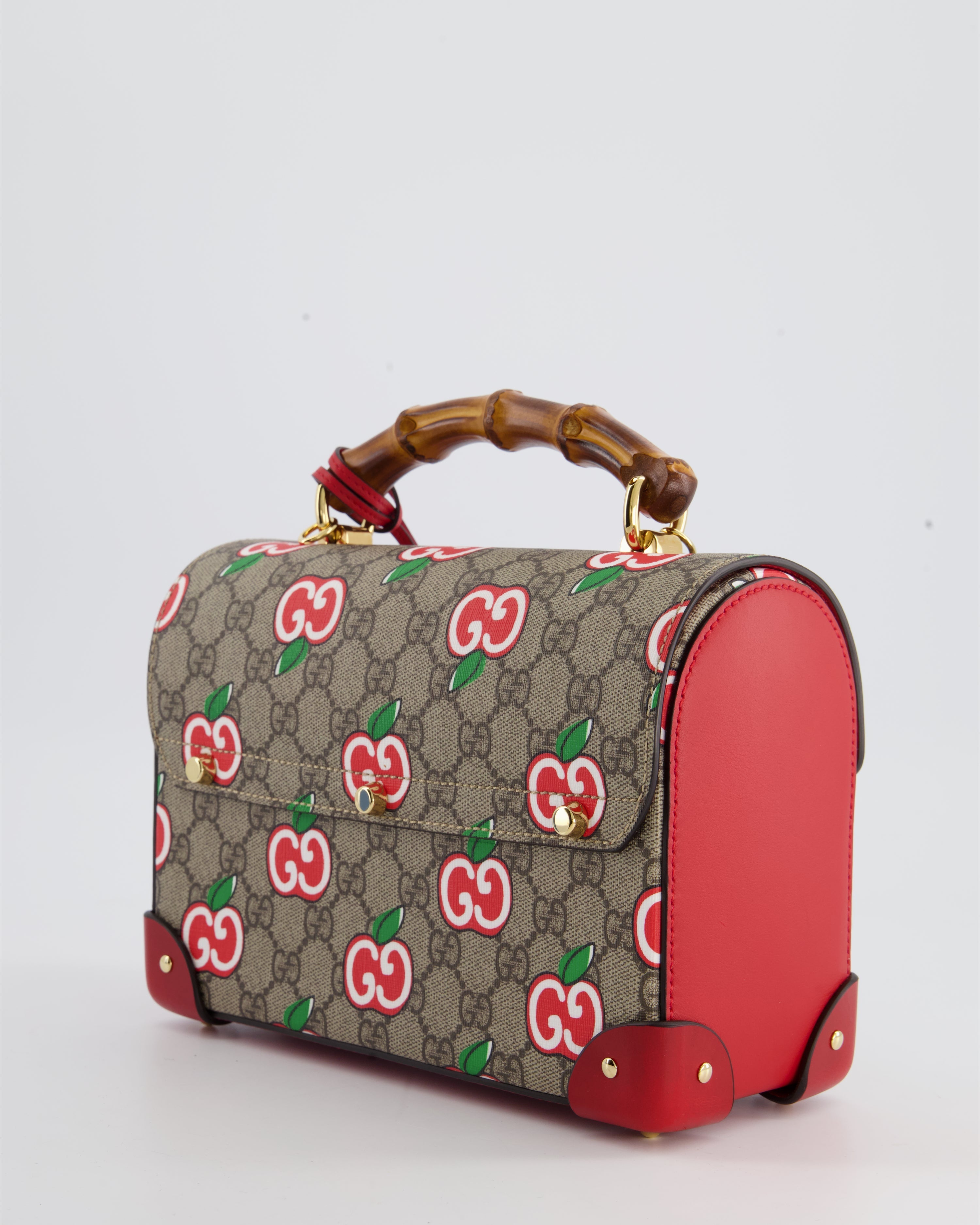 Gucci GG Supreme Padlock Apple Monogram Shoulder Bag with Bamboo Handle and Gold Hardware