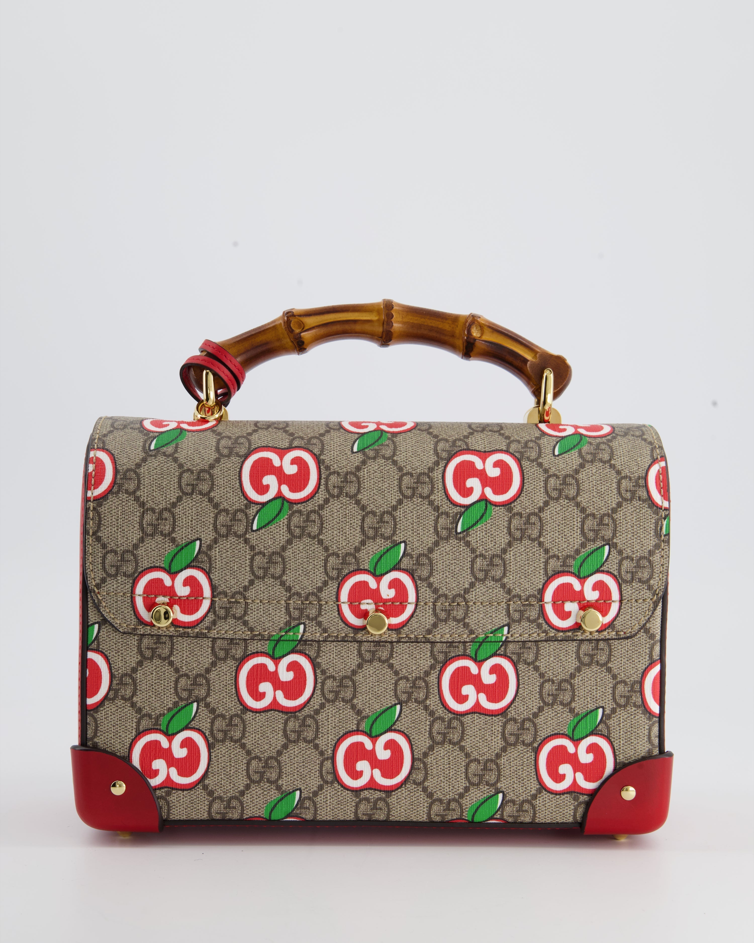 Gucci GG Supreme Padlock Apple Monogram Shoulder Bag with Bamboo Handle and Gold Hardware