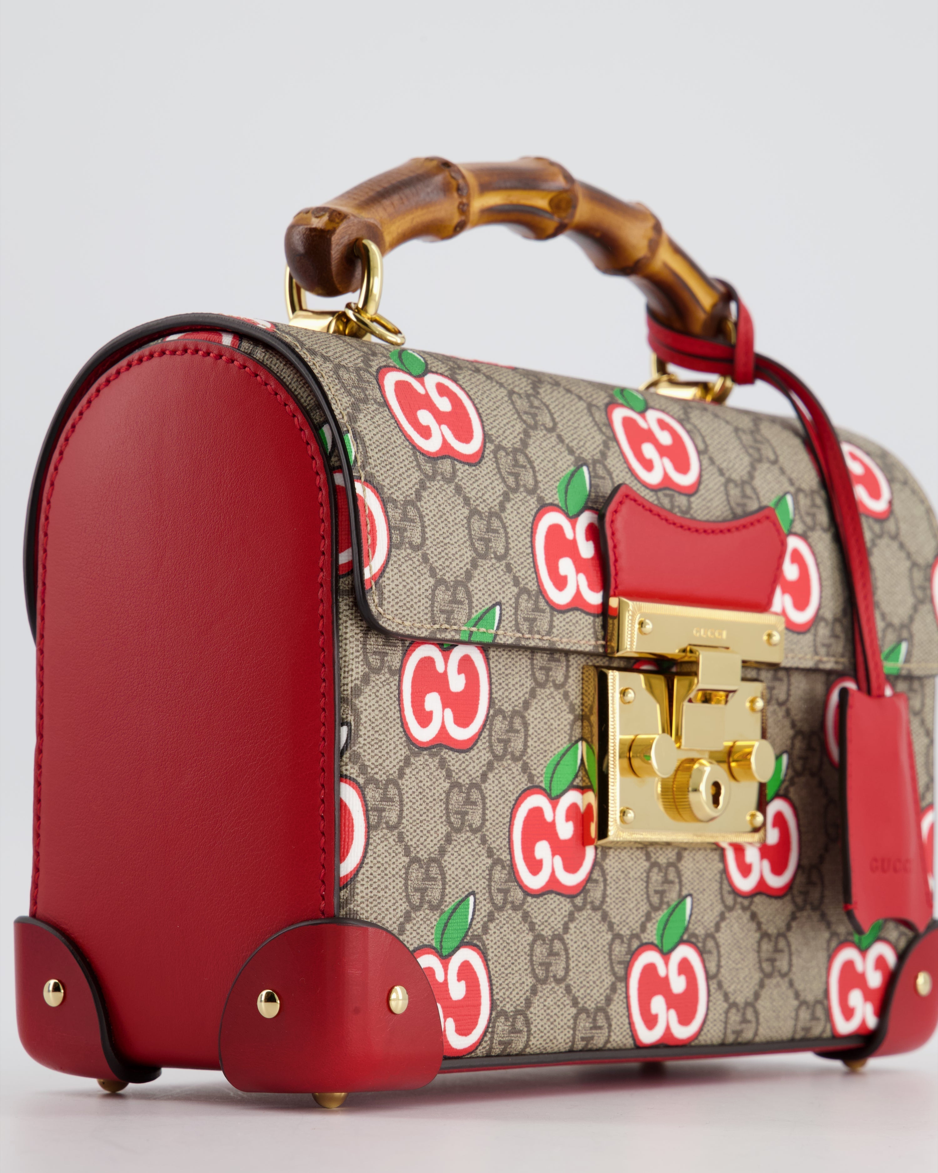 Gucci GG Supreme Padlock Apple Monogram Shoulder Bag with Bamboo Handle and Gold Hardware