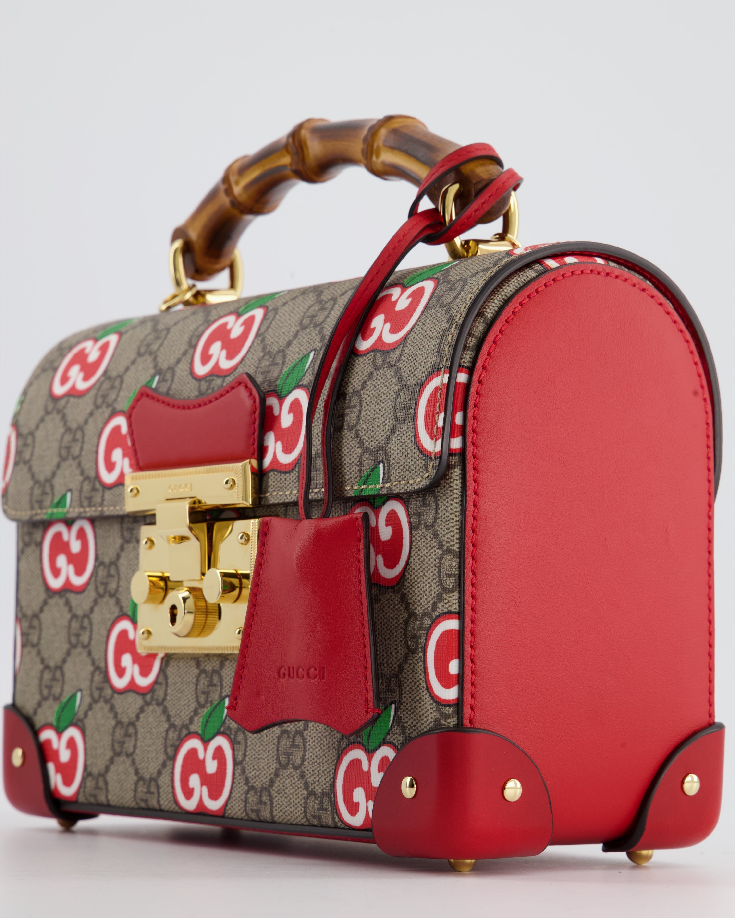 Gucci GG Supreme Padlock Apple Monogram Shoulder Bag with Bamboo Handle and Gold Hardware