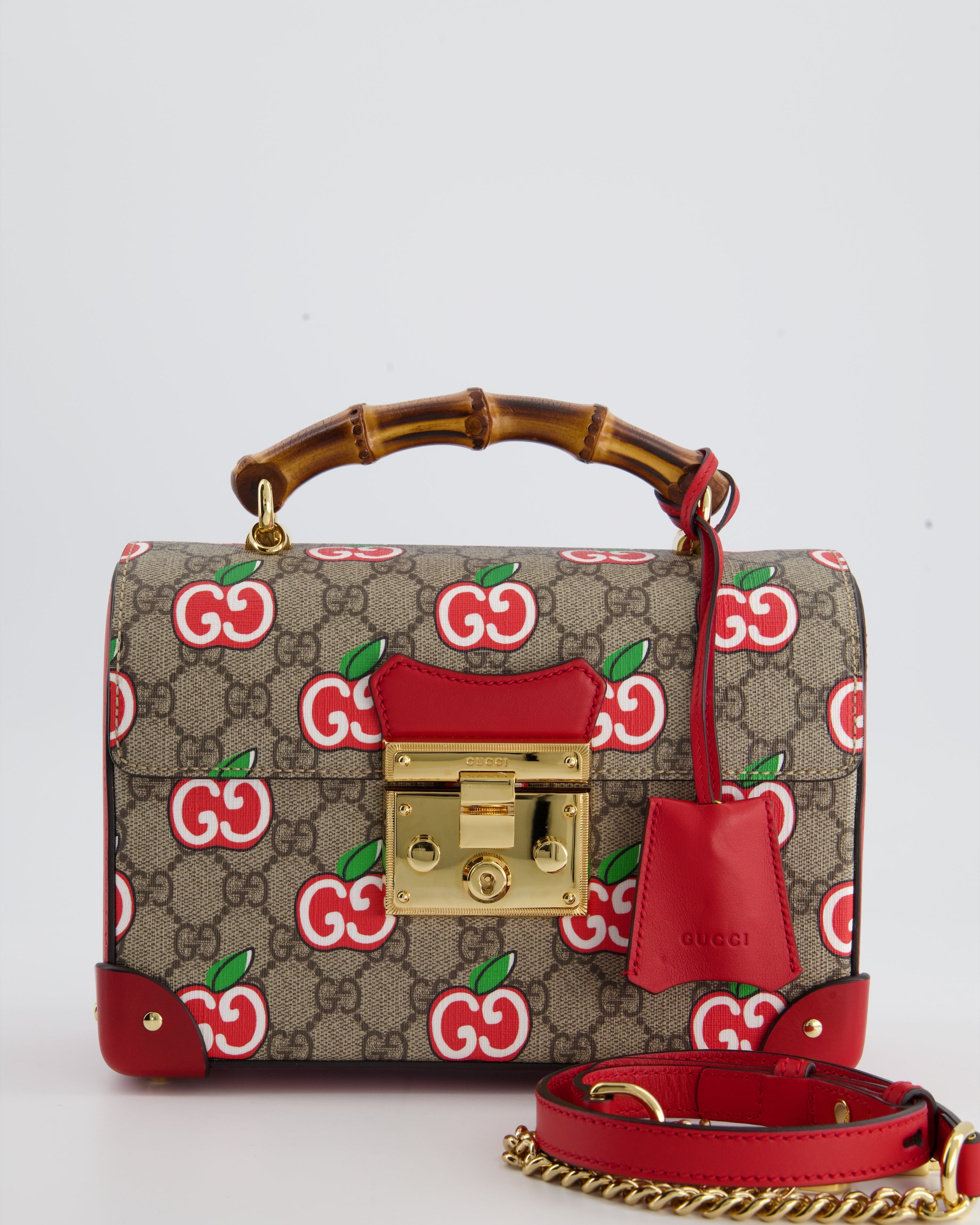 Gucci GG Supreme Padlock Apple Monogram Shoulder Bag with Bamboo Handle and Gold Hardware