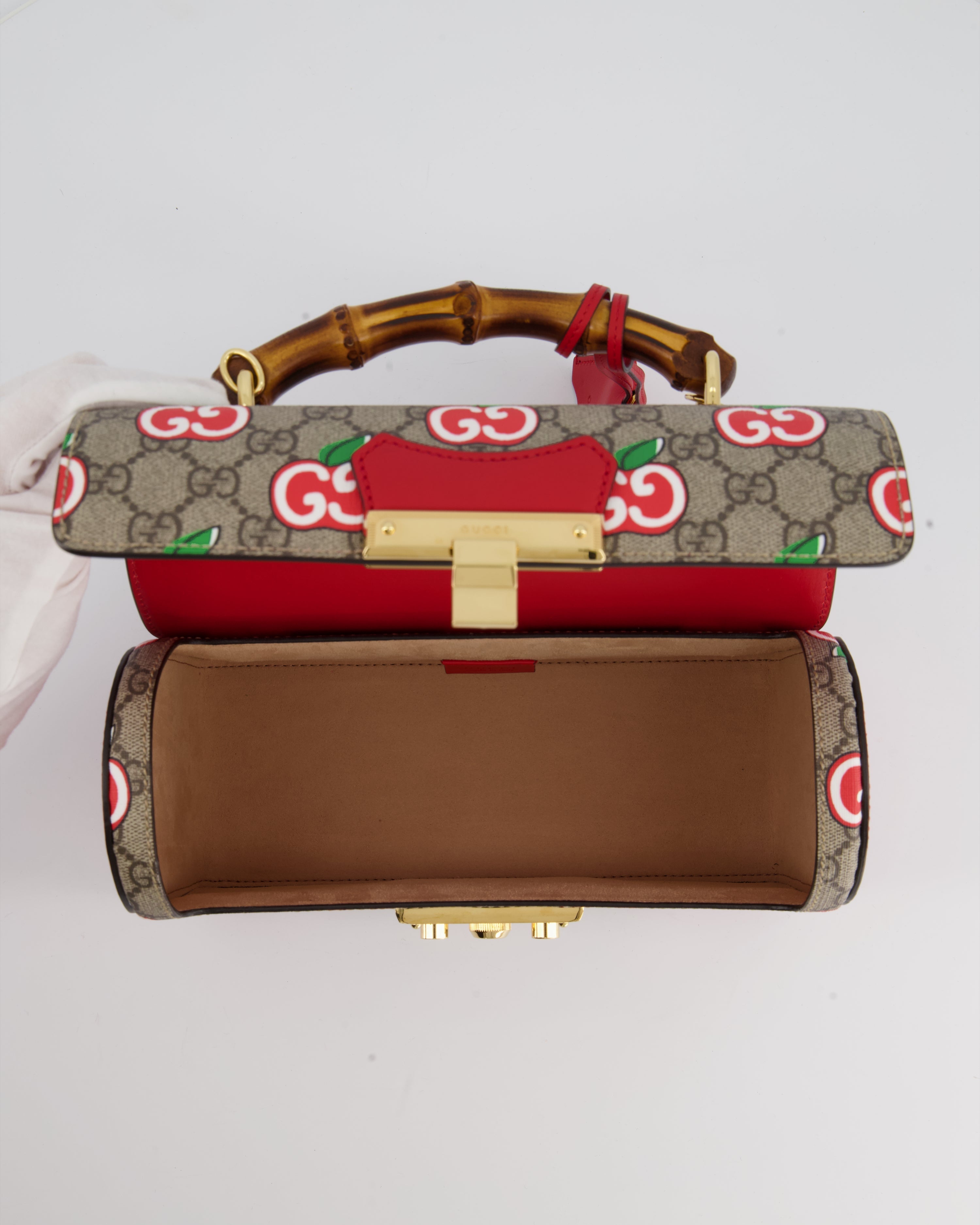 Gucci GG Supreme Padlock Apple Monogram Shoulder Bag with Bamboo Handle and Gold Hardware