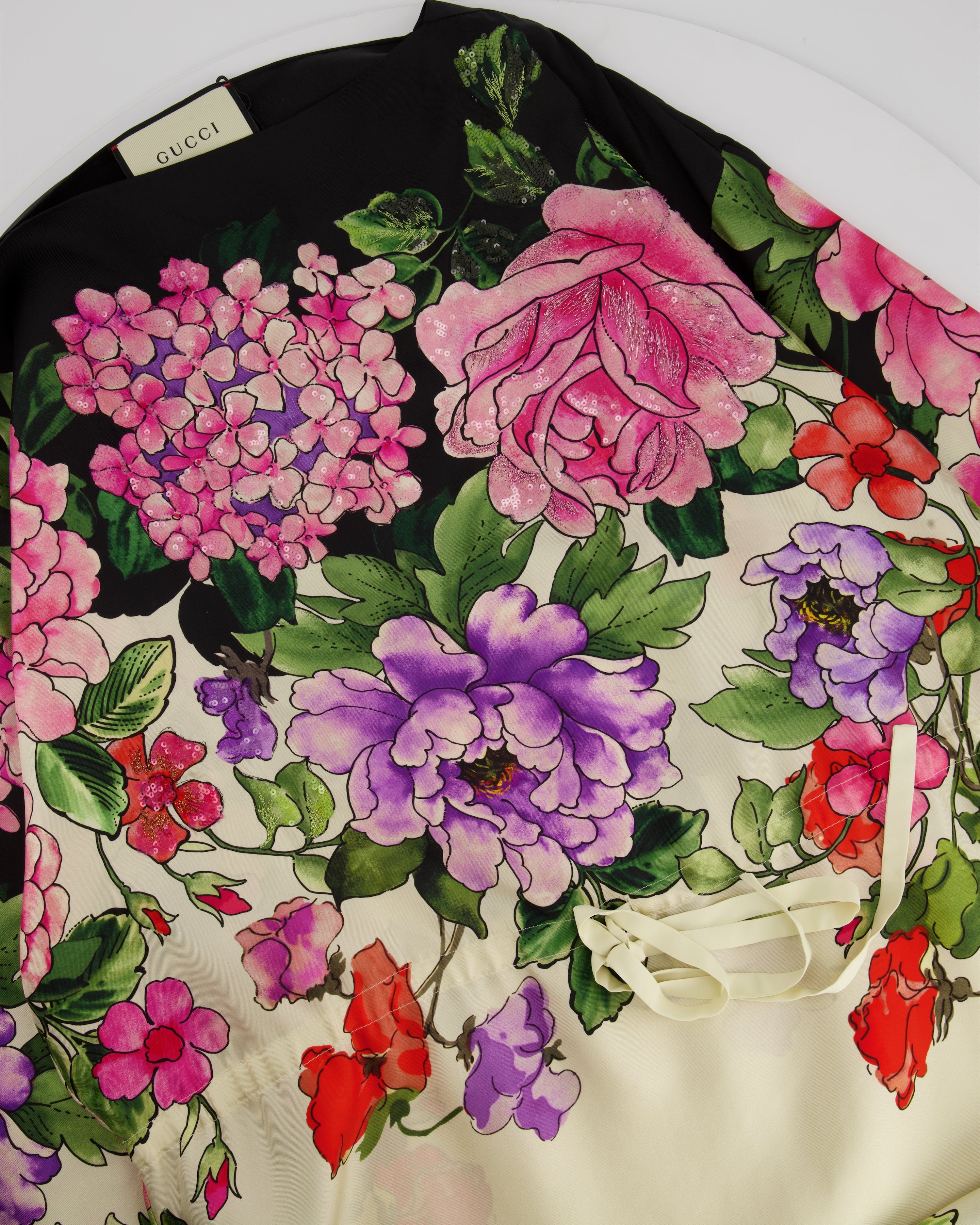 Gucci Cream, Black, Pink and Purple Floral Silk Print Dress with Drawstring Waist and Embellishment Size IT 44 (UK 12)