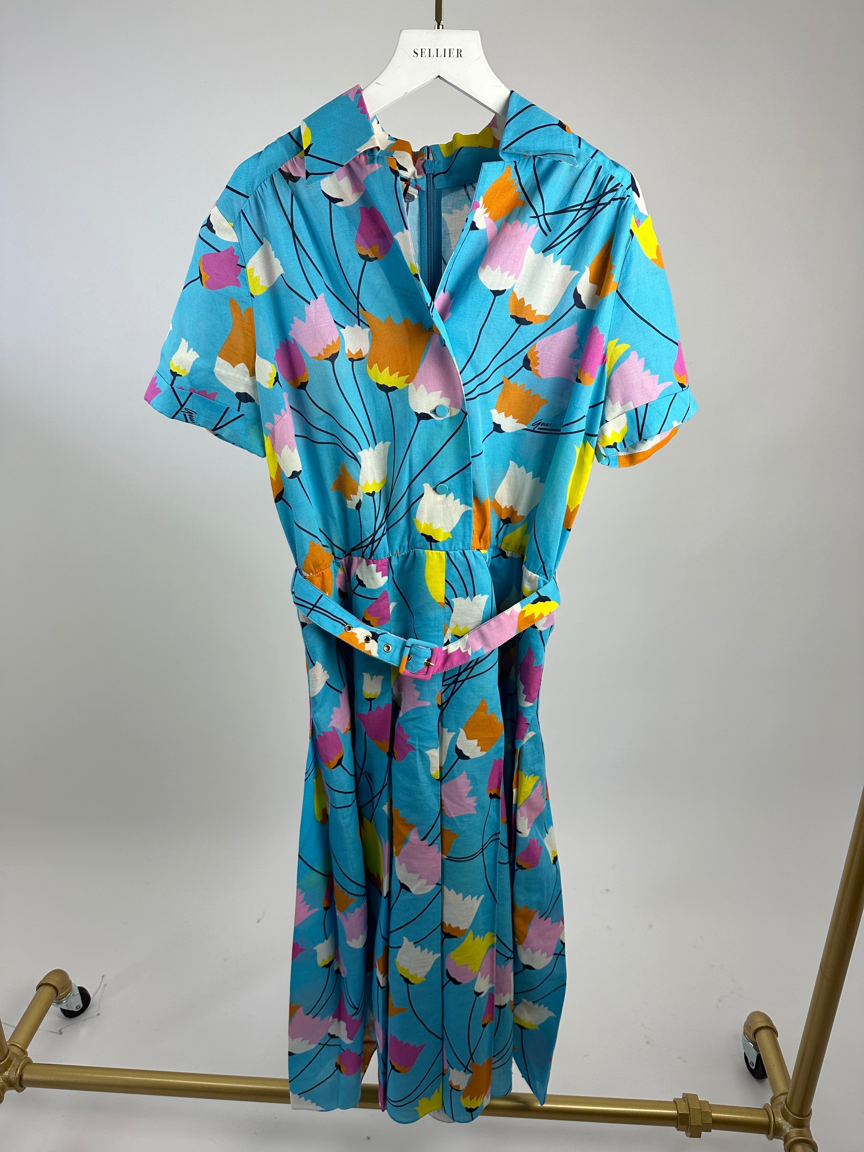 Gucci Blue Floral Linen Blend Belted Midi Dress Size IT 40 (UK 8)