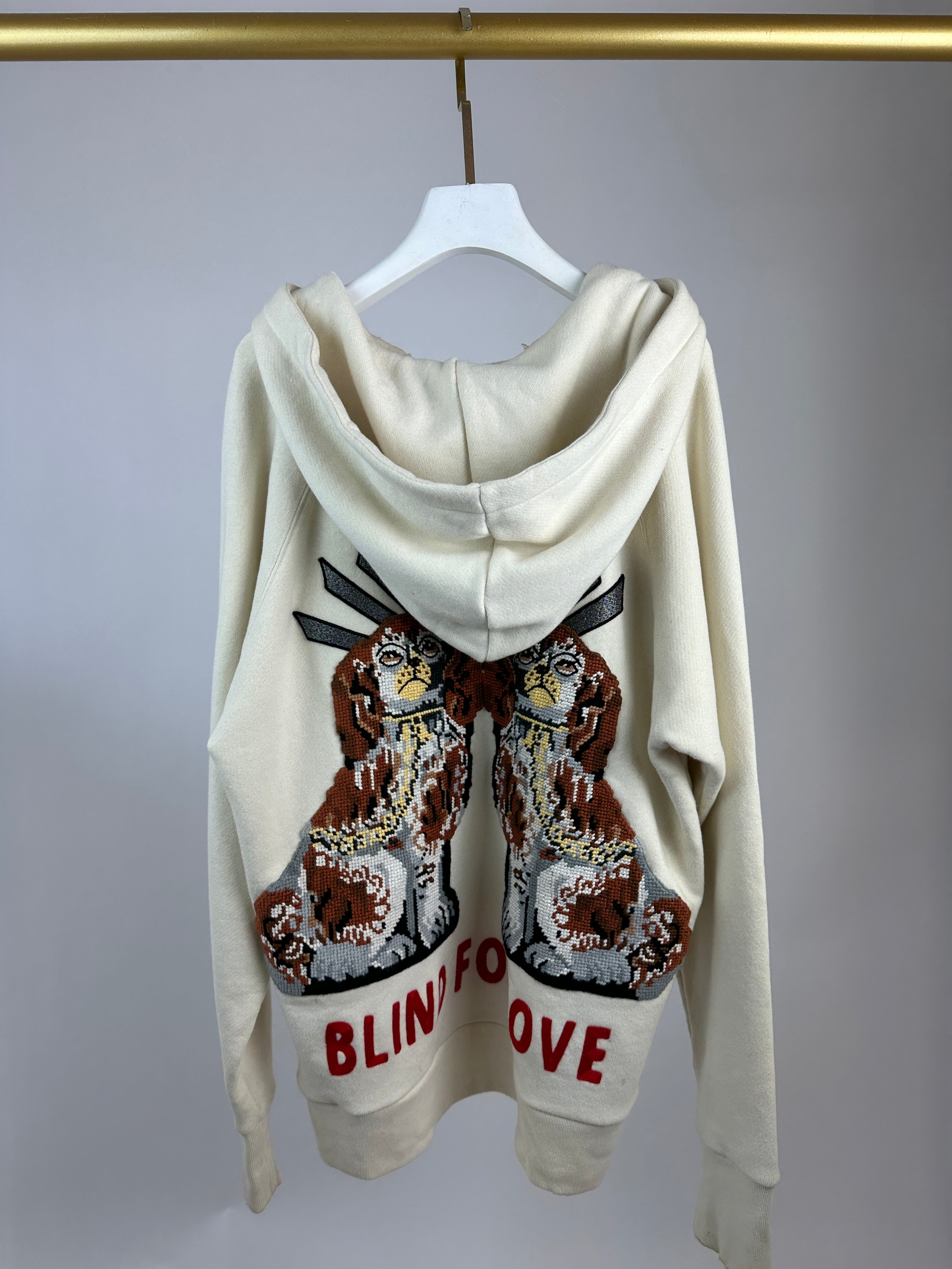 Gucci Cream Logo 'Blind For Love' Hoodie with Back Embroidery Detail Size M (UK 10)