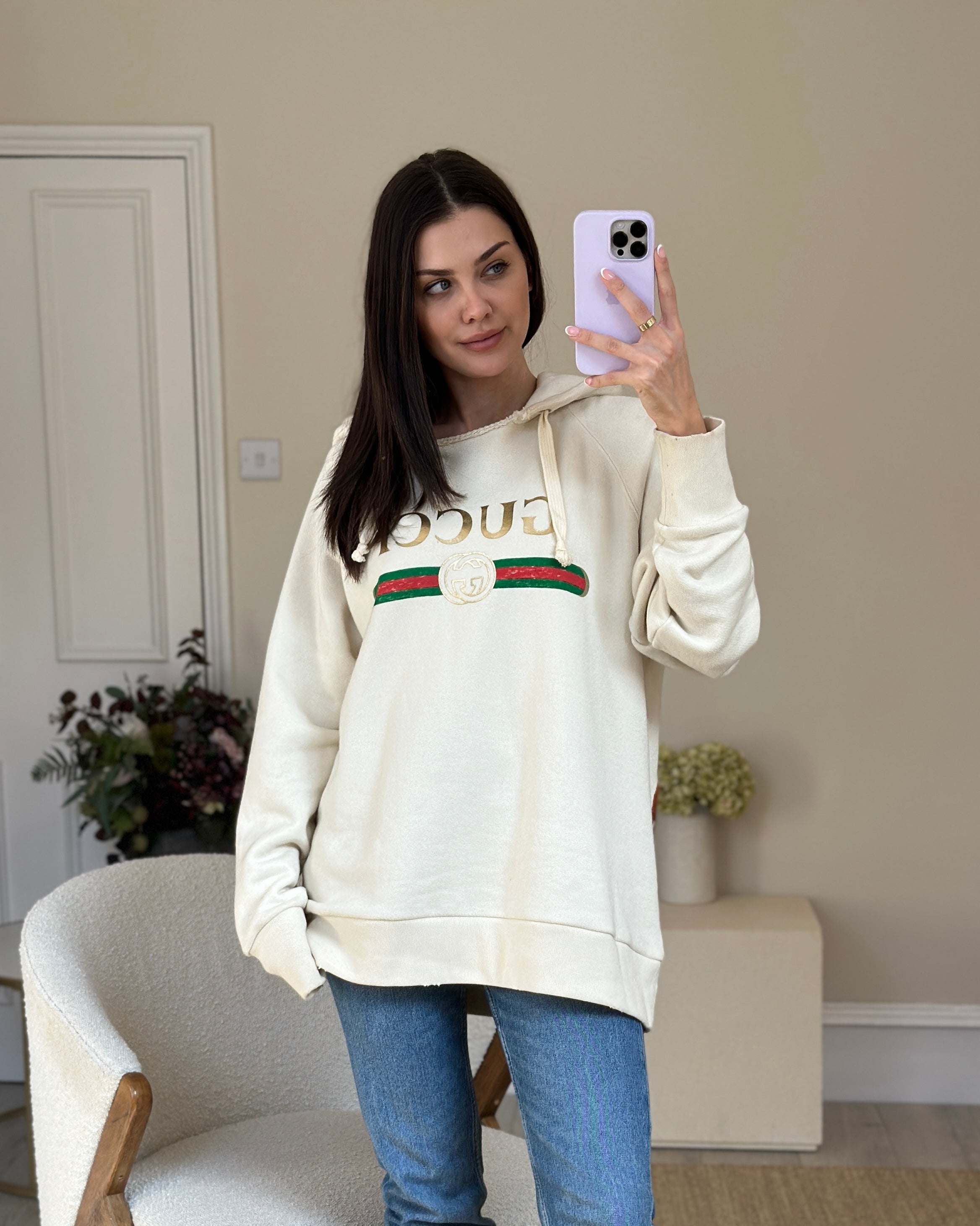 Gucci Cream Logo 'Blind For Love' Hoodie with Back Embroidery Detail Size M (UK 10)