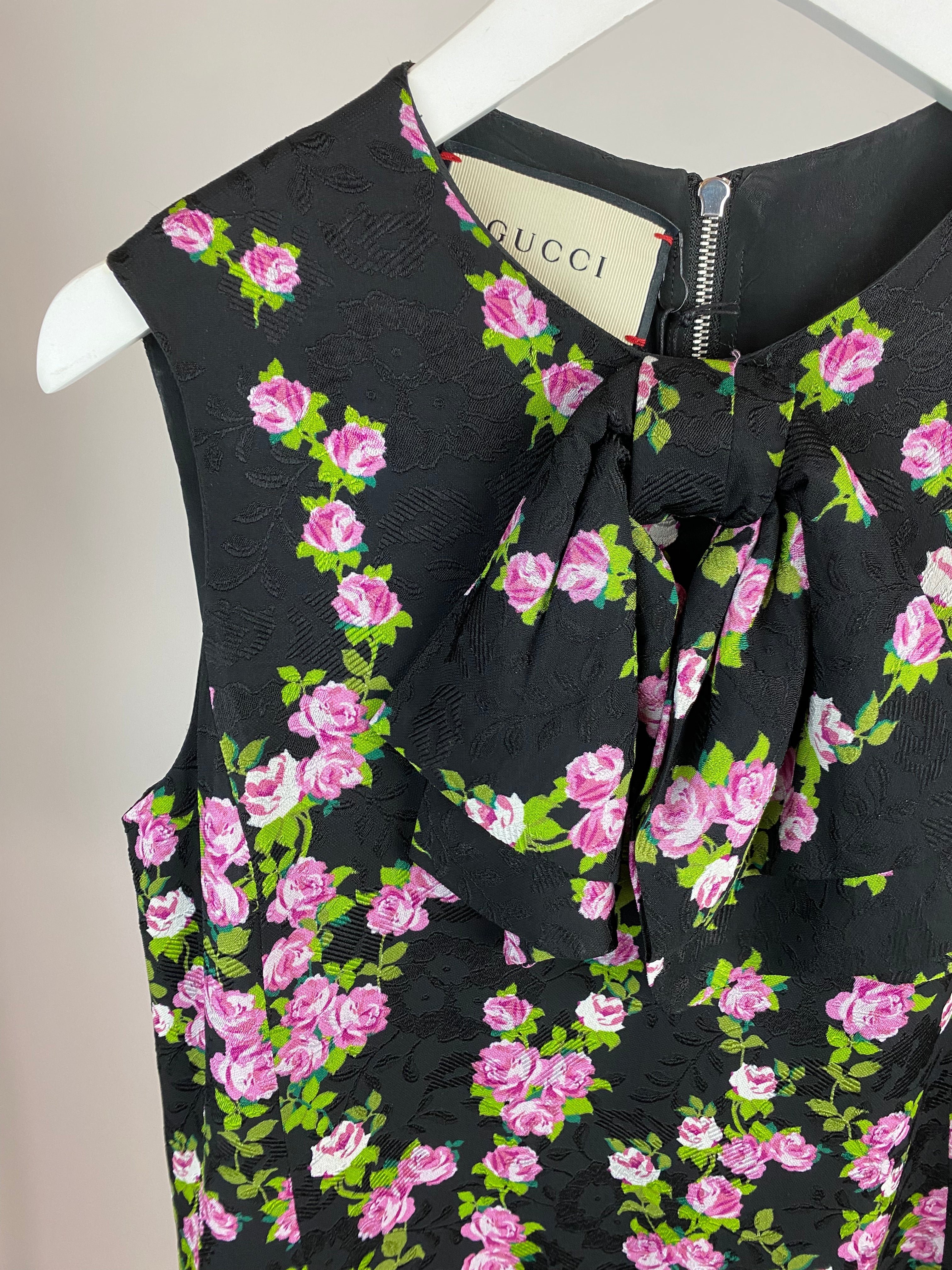 Gucci Black and Print Rose Printed Bow Dress Size IT 38 (UK 6)