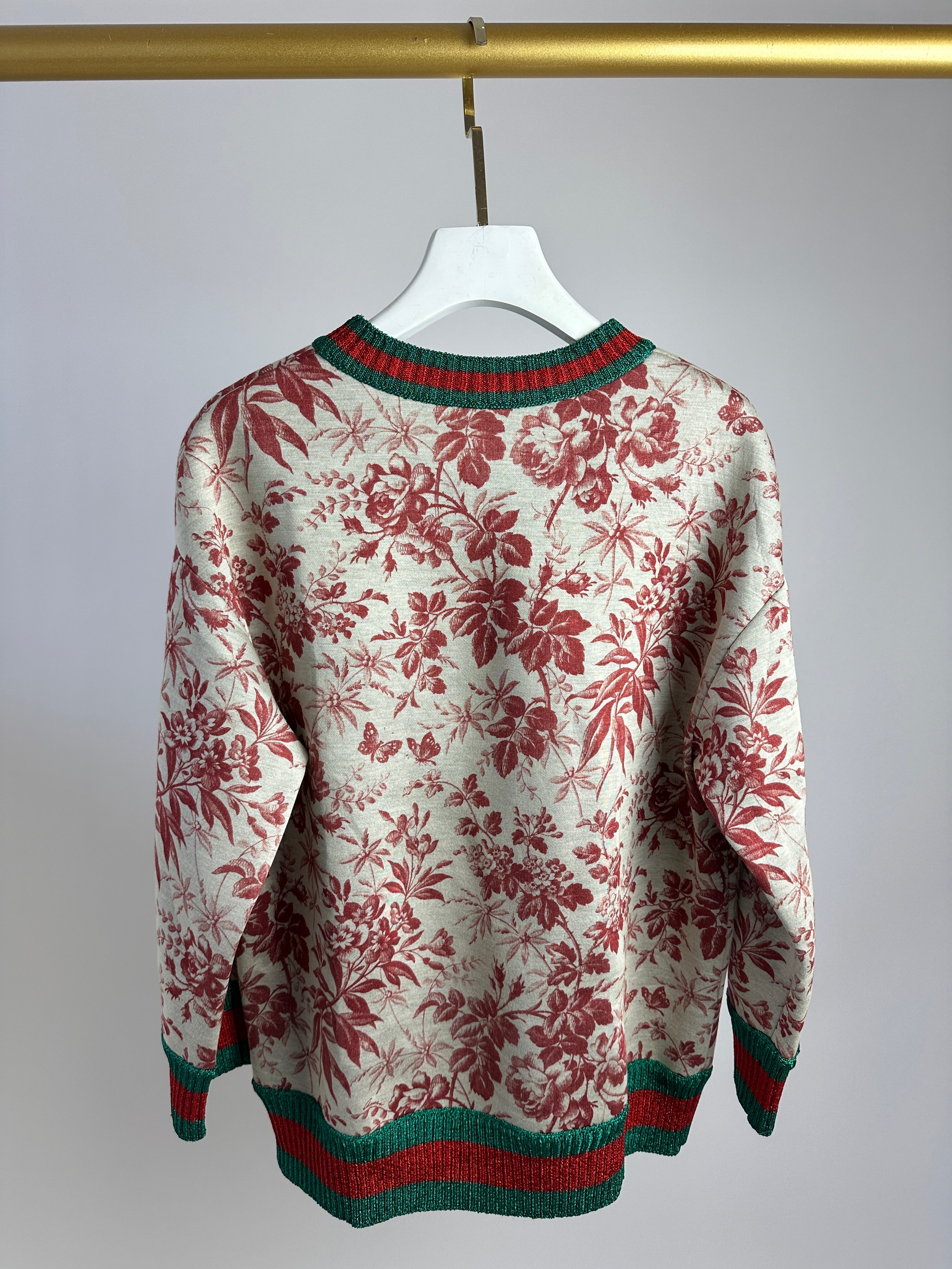 Gucci Red and Beige Floral Jumper with Metallic Red and Green Trim Size M (UK 10-12)