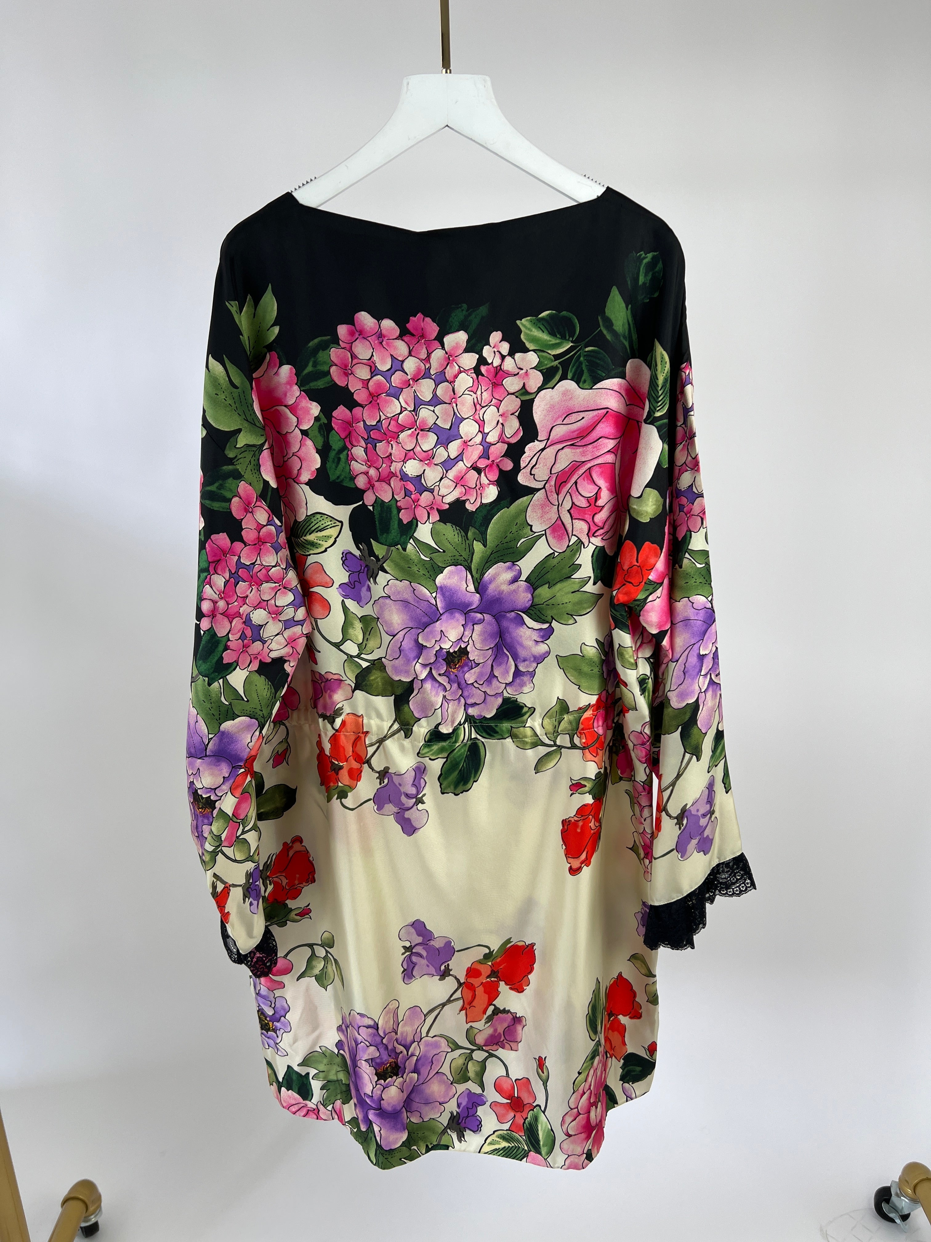 Gucci Cream, Black, Pink and Purple Floral Silk Print Dress with Drawstring Waist and Embellishment Size IT 44 (UK 12)