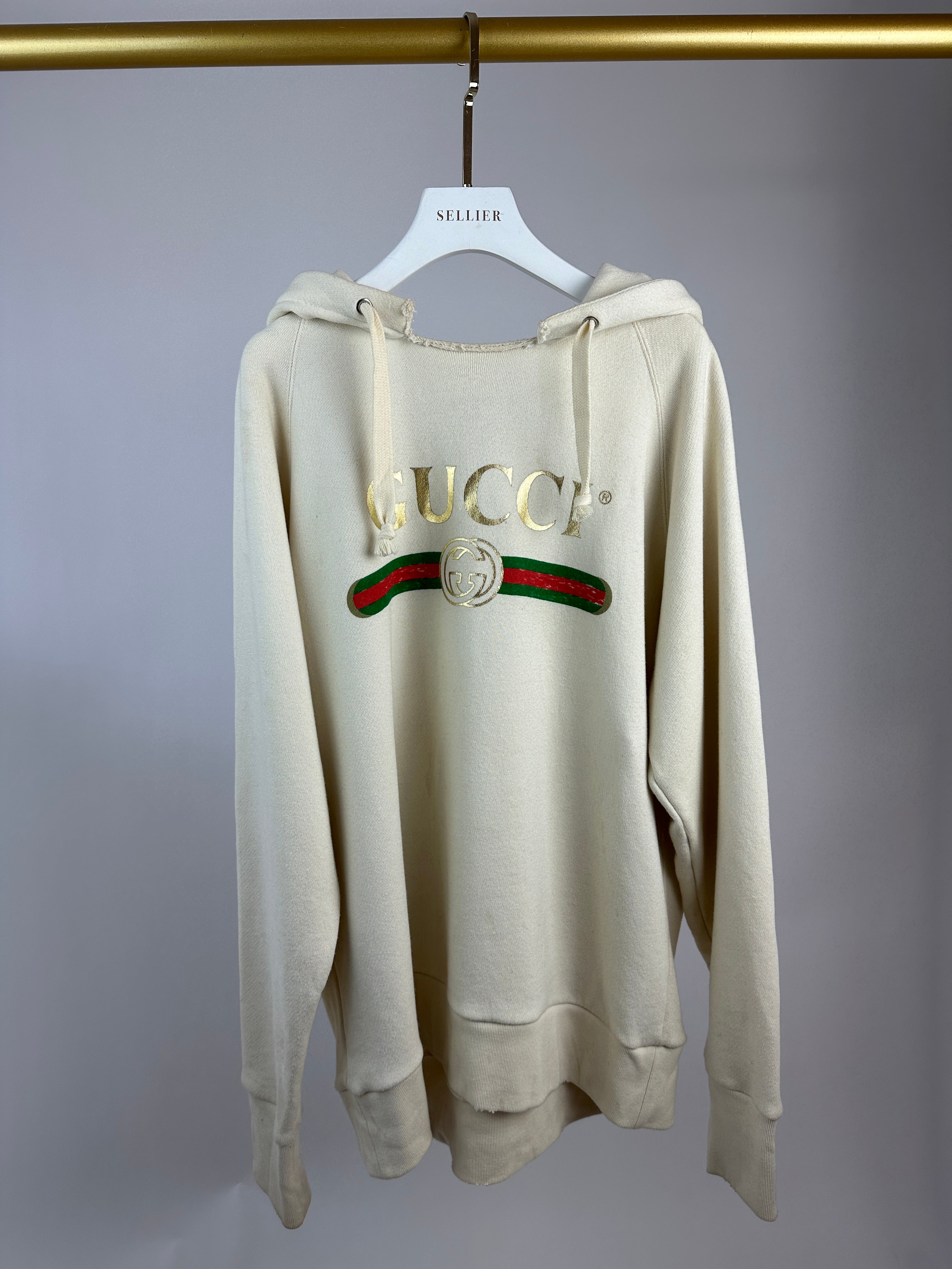 Gucci Cream Logo 'Blind For Love' Hoodie with Back Embroidery Detail Size M (UK 10)