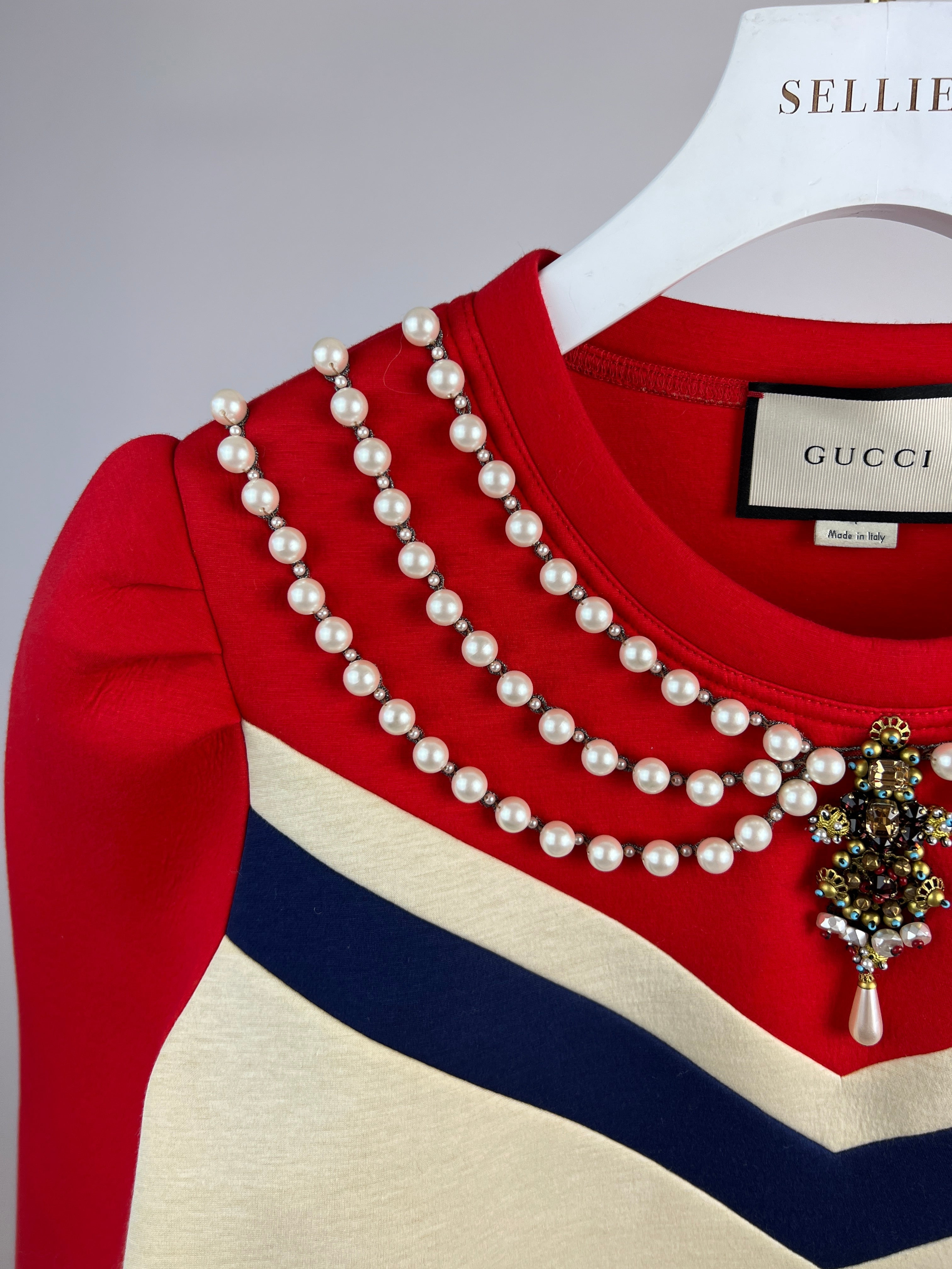 Gucci Red, Navy and Cream Jumper with Embellished Pearl Collar Detail Size L (UK 12-14)