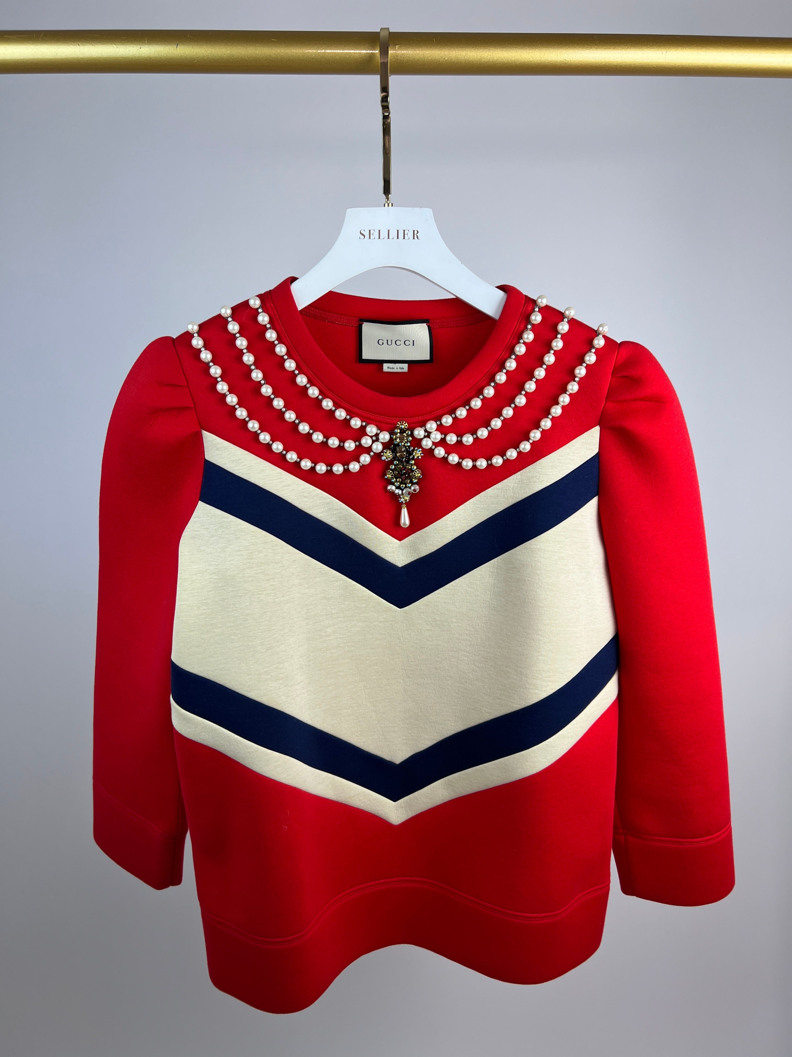 Gucci Red, Navy and Cream Jumper with Embellished Pearl Collar Detail Size L (UK 12-14)