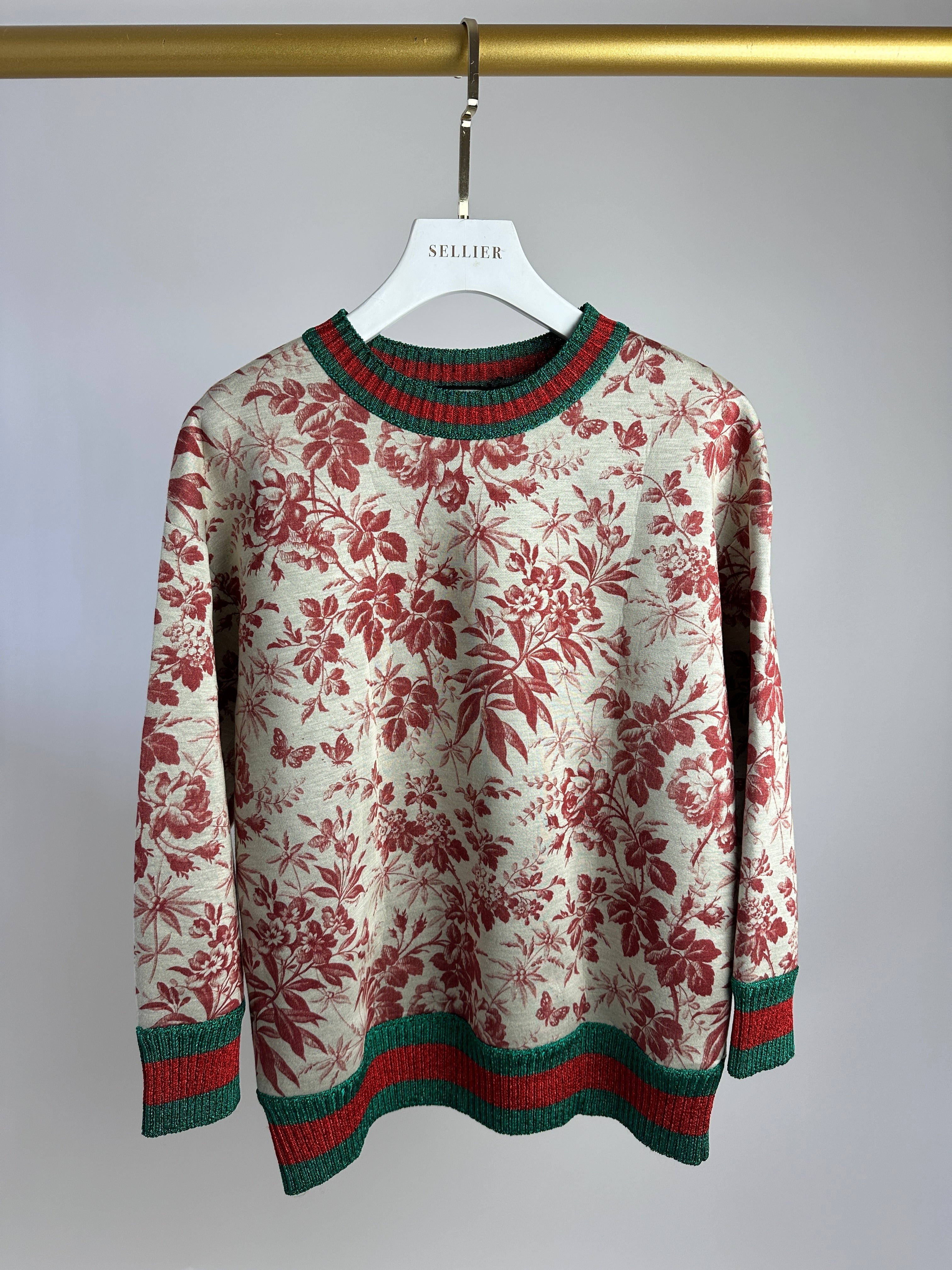 Gucci Red and Beige Floral Jumper with Metallic Red and Green Trim Size M (UK 10-12)