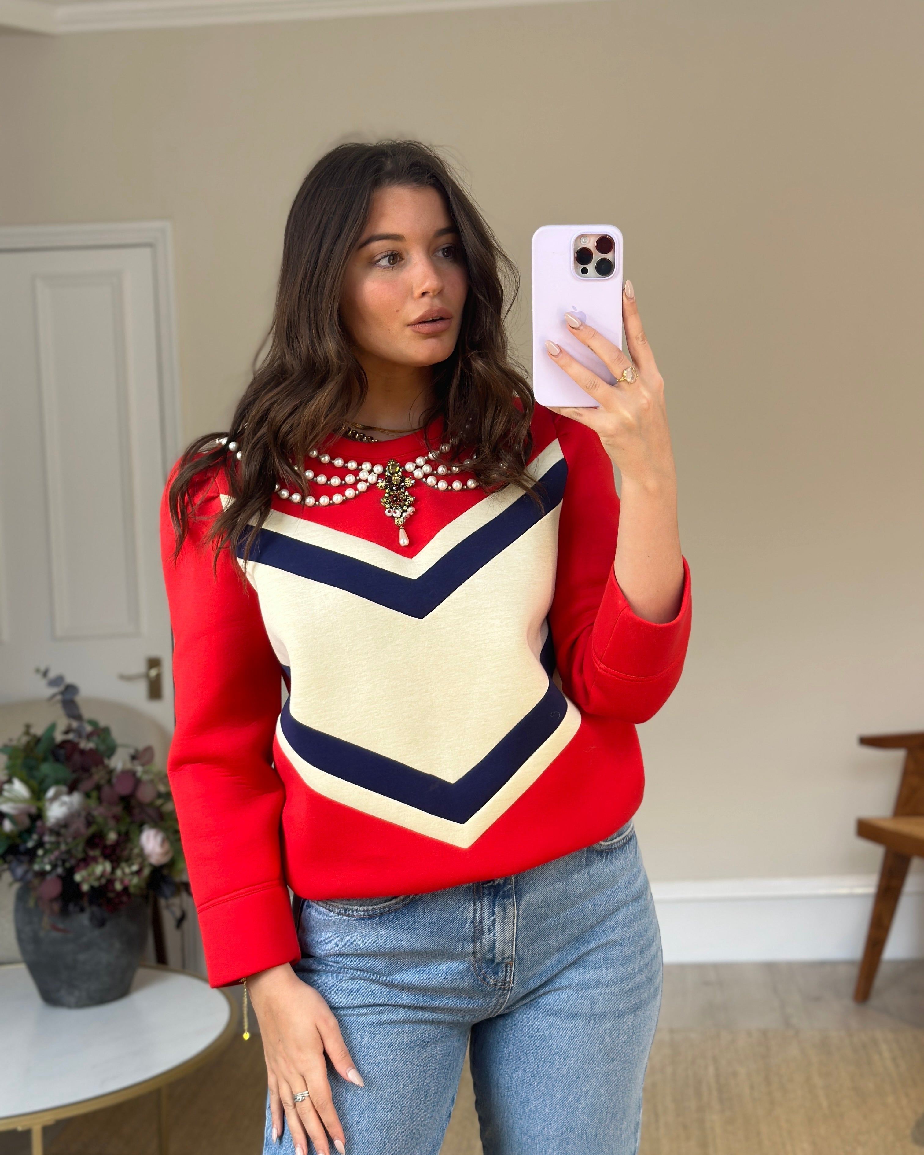 Gucci Red, Navy and Cream Jumper with Embellished Pearl Collar Detail Size L (UK 12-14)