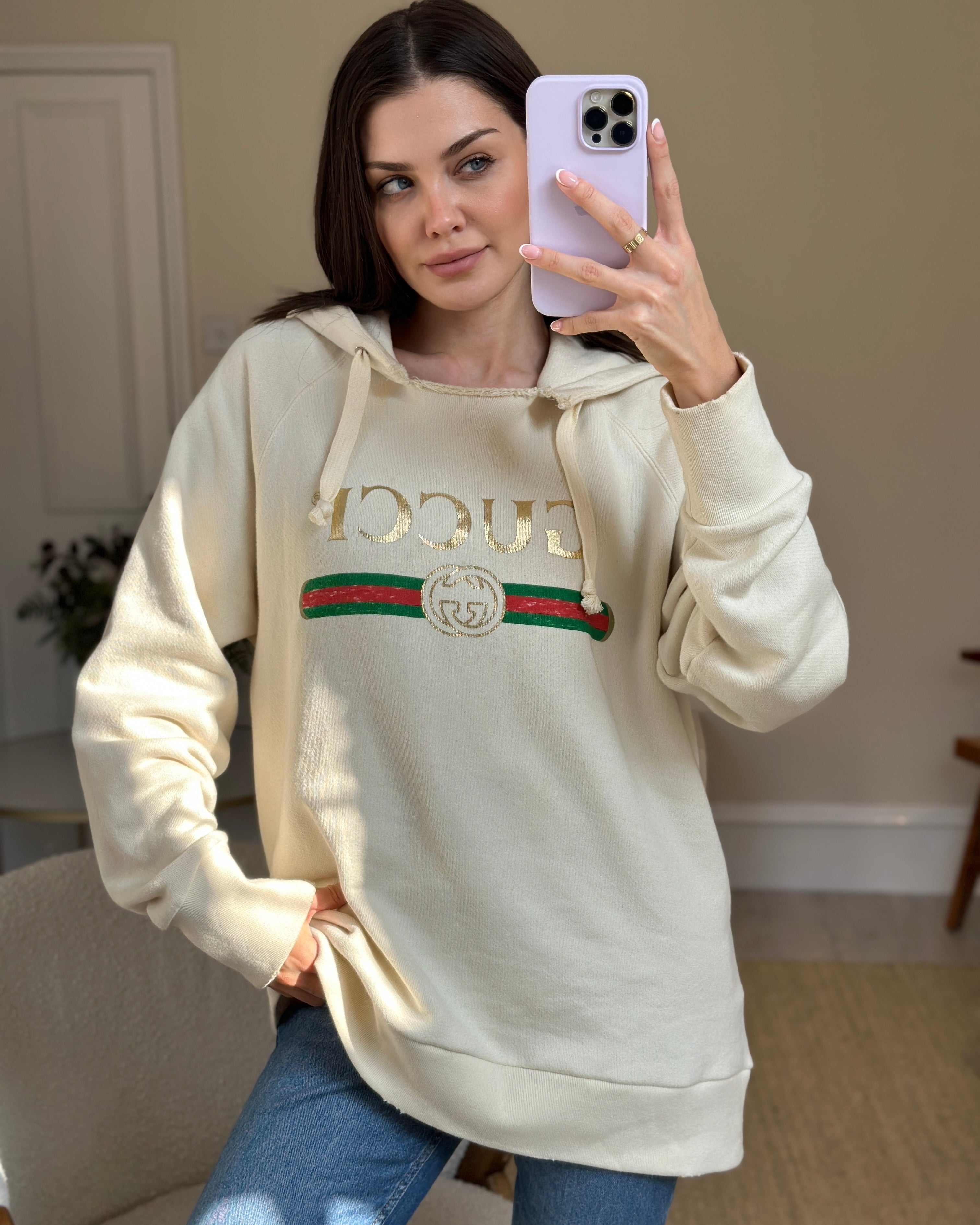 Gucci Cream Logo 'Blind For Love' Hoodie with Back Embroidery Detail Size M (UK 10)