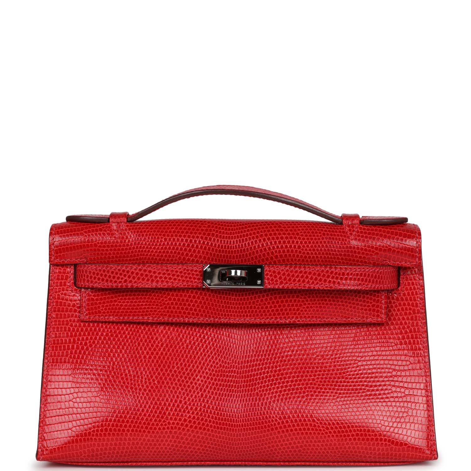 Pre-owned Hermes Kelly Pochette Rouge Vif Lizard Ruthenium Hardware