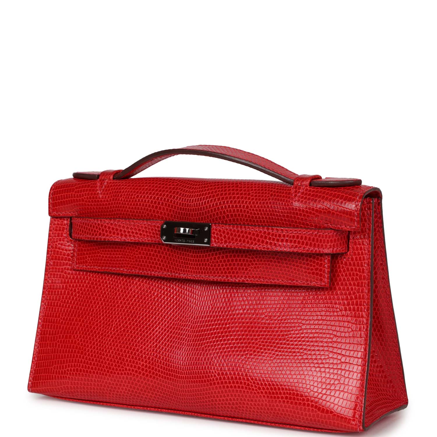 Pre-owned Hermes Kelly Pochette Rouge Vif Lizard Ruthenium Hardware