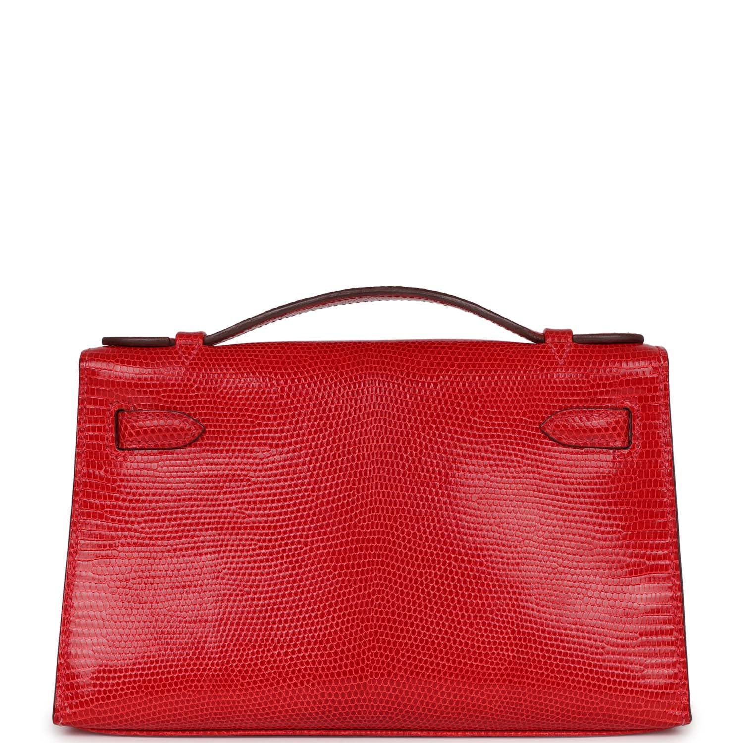 Pre-owned Hermes Kelly Pochette Rouge Vif Lizard Ruthenium Hardware