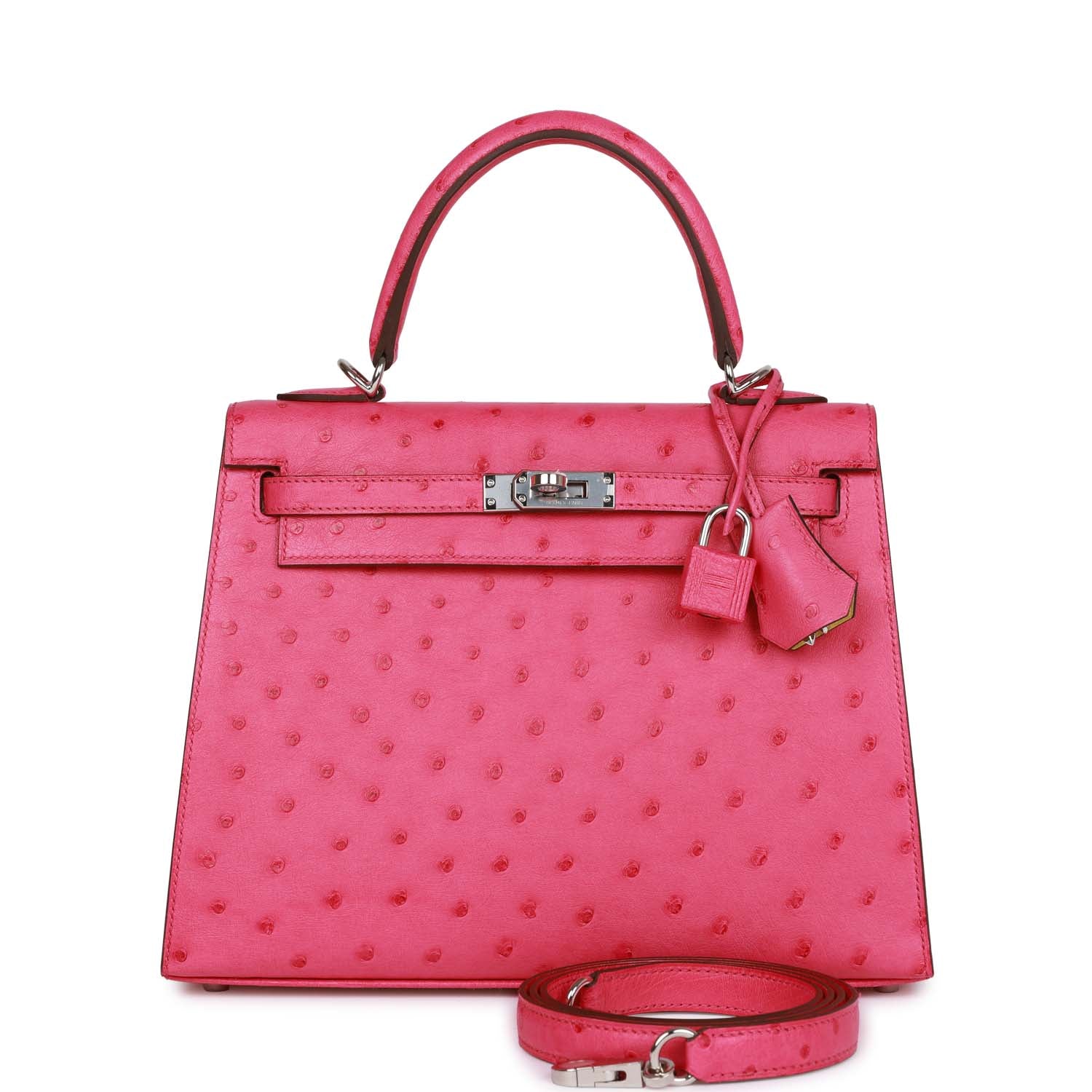 Hermes Special Order (HSS) Kelly Sellier 25 Rose Tyrien Verso Ostrich Palladium Hardware