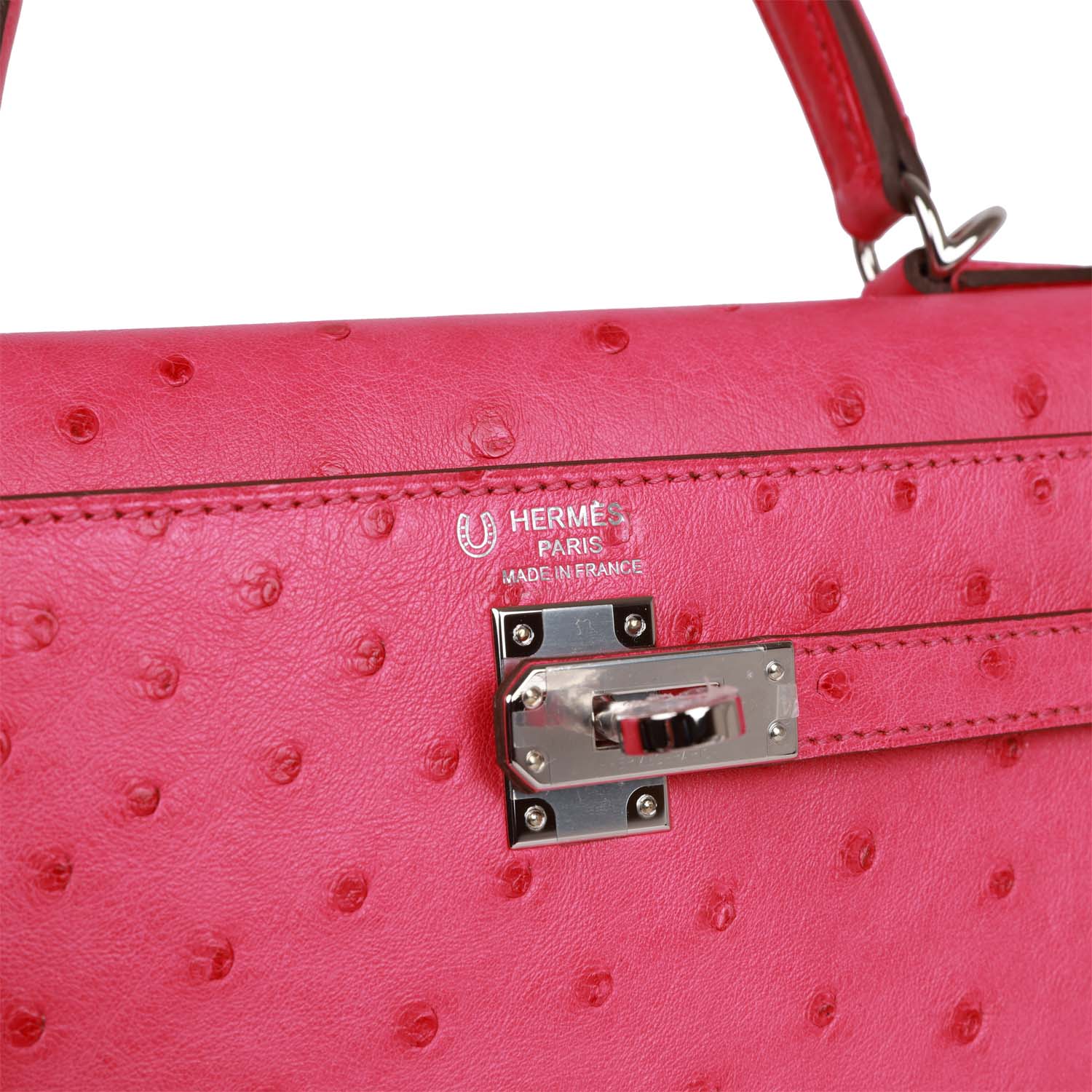 Hermes Special Order (HSS) Kelly Sellier 25 Rose Tyrien Verso Ostrich Palladium Hardware