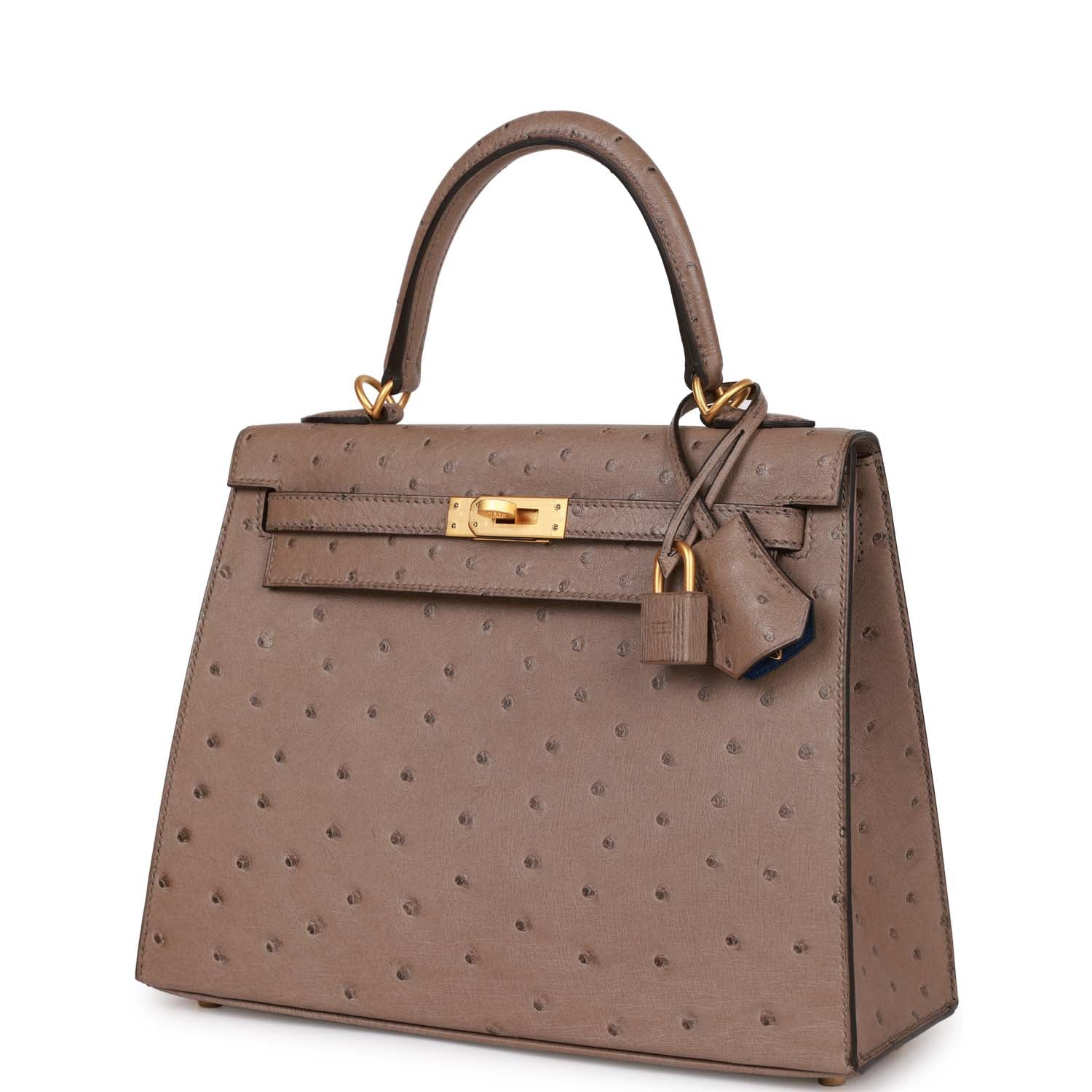 Pre-owned Hermes Special Order (HSS) Kelly Sellier 25 Gris Asphalt Verso Ostrich Brushed Gold Hardware