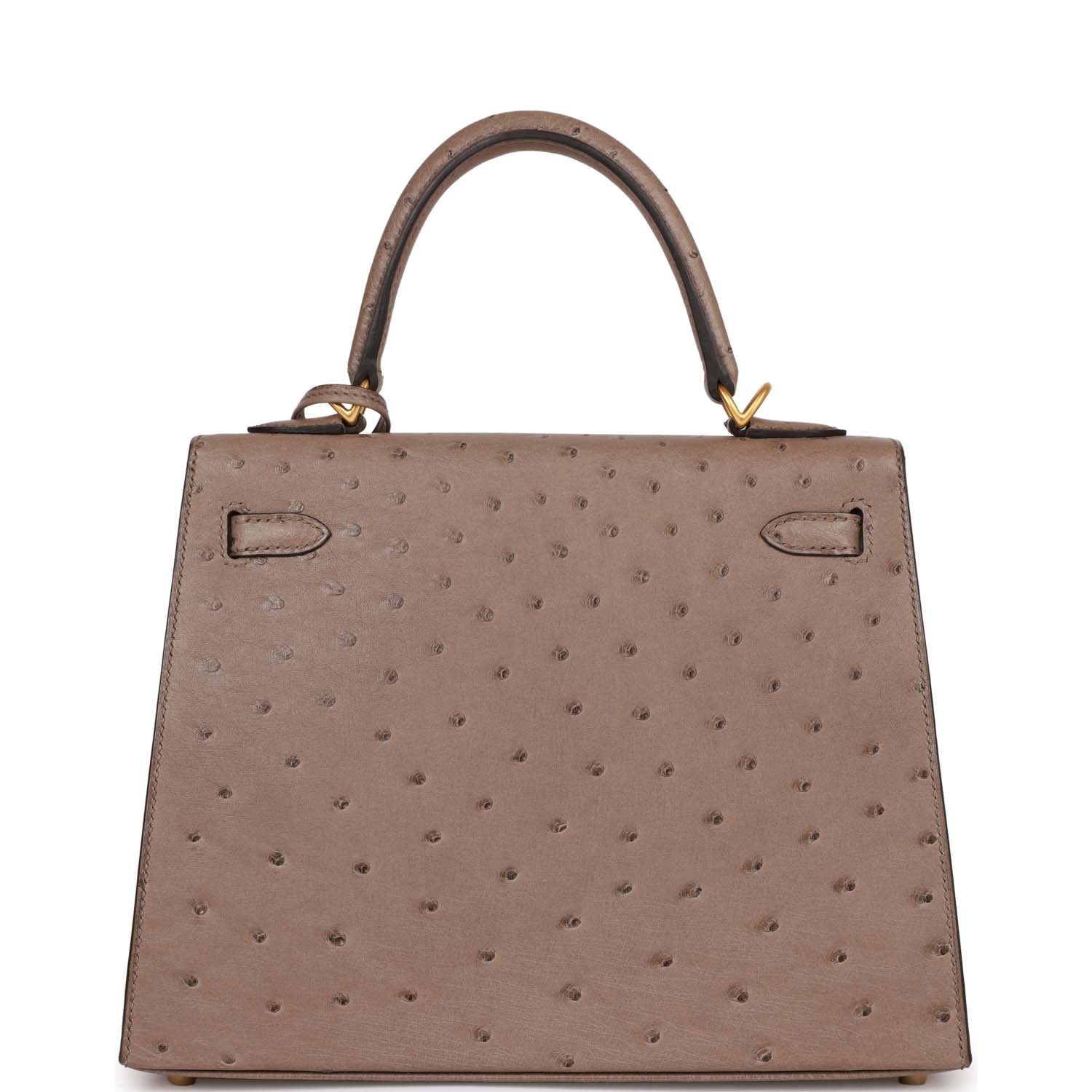 Pre-owned Hermes Special Order (HSS) Kelly Sellier 25 Gris Asphalt Verso Ostrich Brushed Gold Hardware